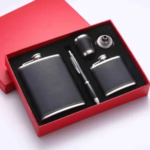 Hip Flask Gift Set Black Leather Cover - 8 Oz Flasks for liquor 304 Stainless quality, Pocket Engraved Wine Drink Pot Alcohol flagon metal whiskey flask Father's Day Men's Gift (8oz black w/pen)