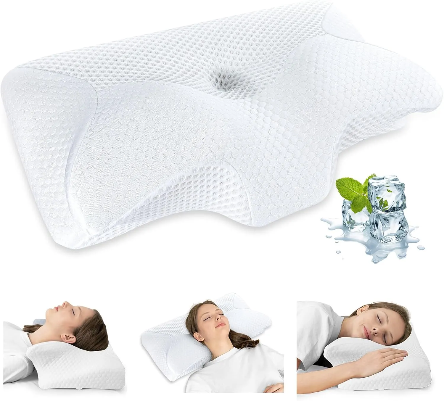HOMCA Cervical Pillow, Ergonomic Memory Foam Pillow for Neck and Shoulder Pain Relief with Cooling Ice Silk Pillowcase, Orthopedic Neck Bed Pillow for Side, Back and Stomach Sleepers