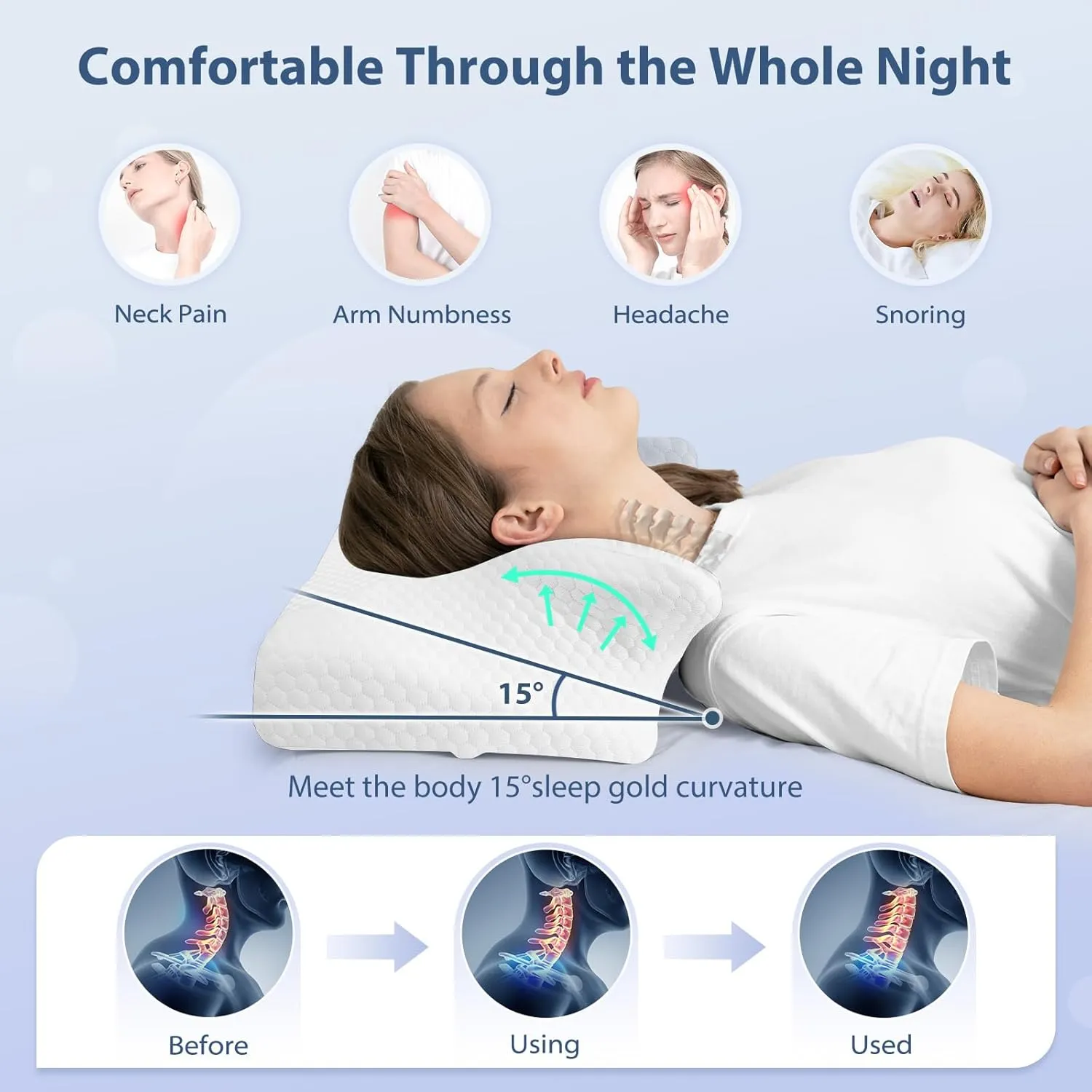 HOMCA Cervical Pillow, Ergonomic Memory Foam Pillow for Neck and Shoulder Pain Relief with Cooling Ice Silk Pillowcase, Orthopedic Neck Bed Pillow for Side, Back and Stomach Sleepers