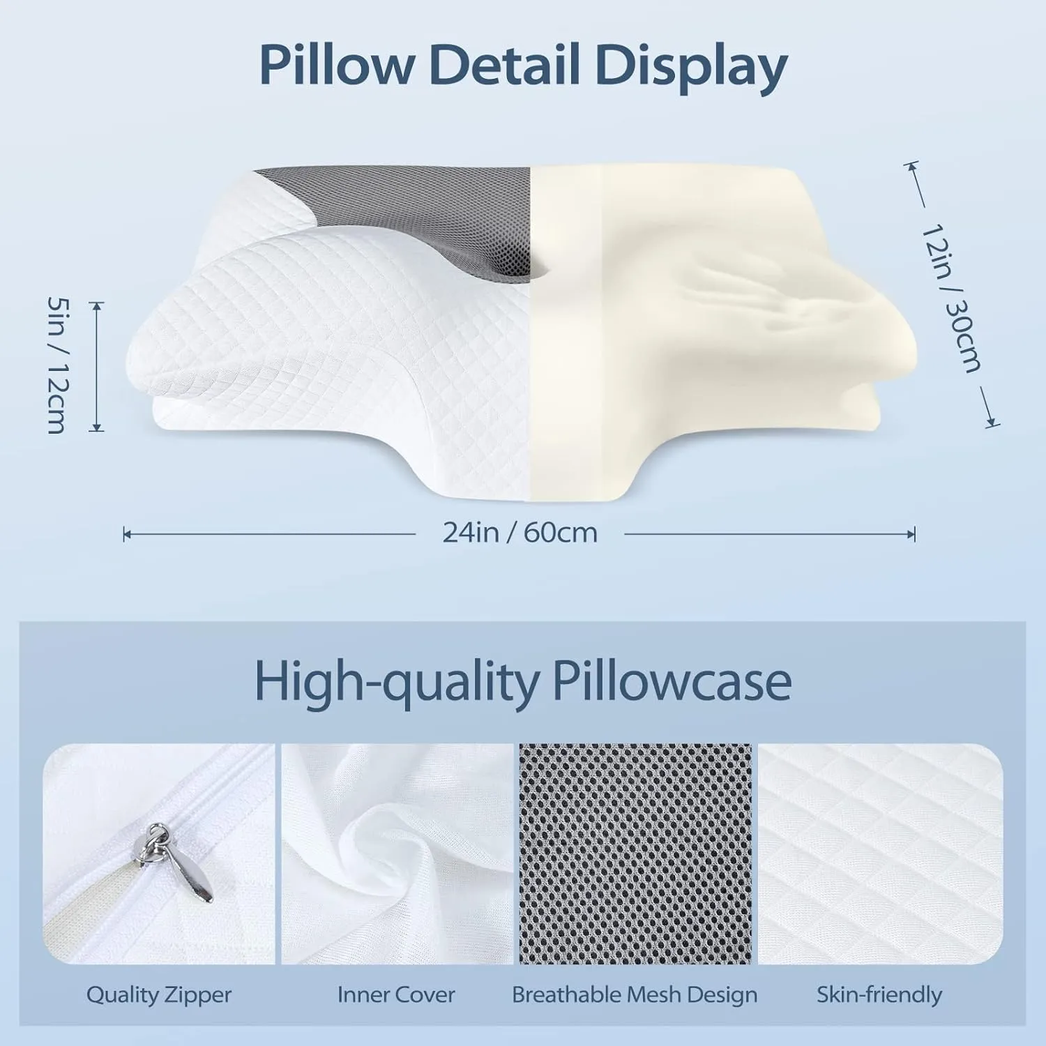 HOMCA Cervical Pillow Memory Foam Pillows - Contour Memory Foam Pillow for Neck Pain Relief, Orthopedic Neck Bed Pillow for Side Sleepers Back and Stomach