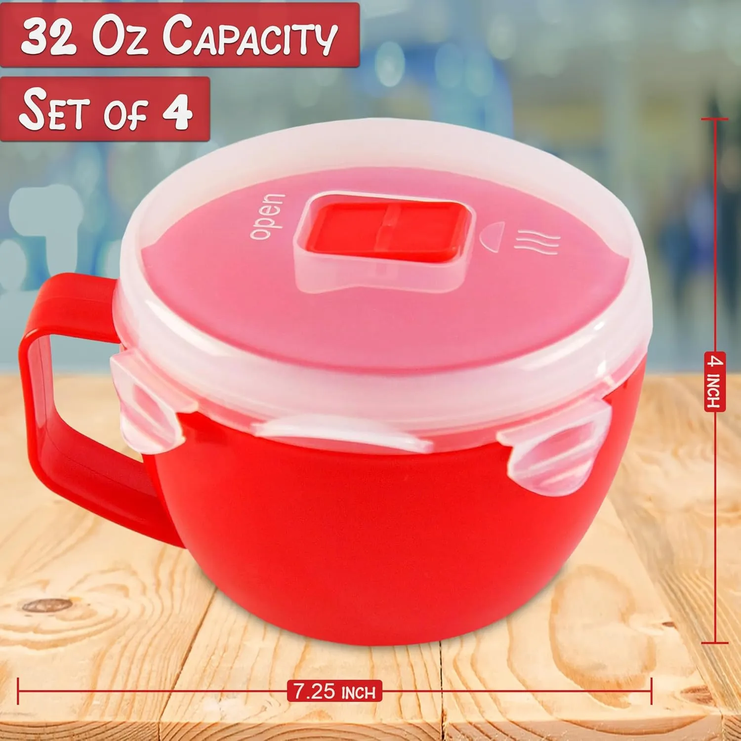 Home-X Set of 4 Microwave Bowls with Lid - Ramen Bowl Microwavable with Steam Release Vents and Easy Locking Clips - BPA-Free, Dishwasher Safe 32oz Soup Mugs with Handle Microwave Safe