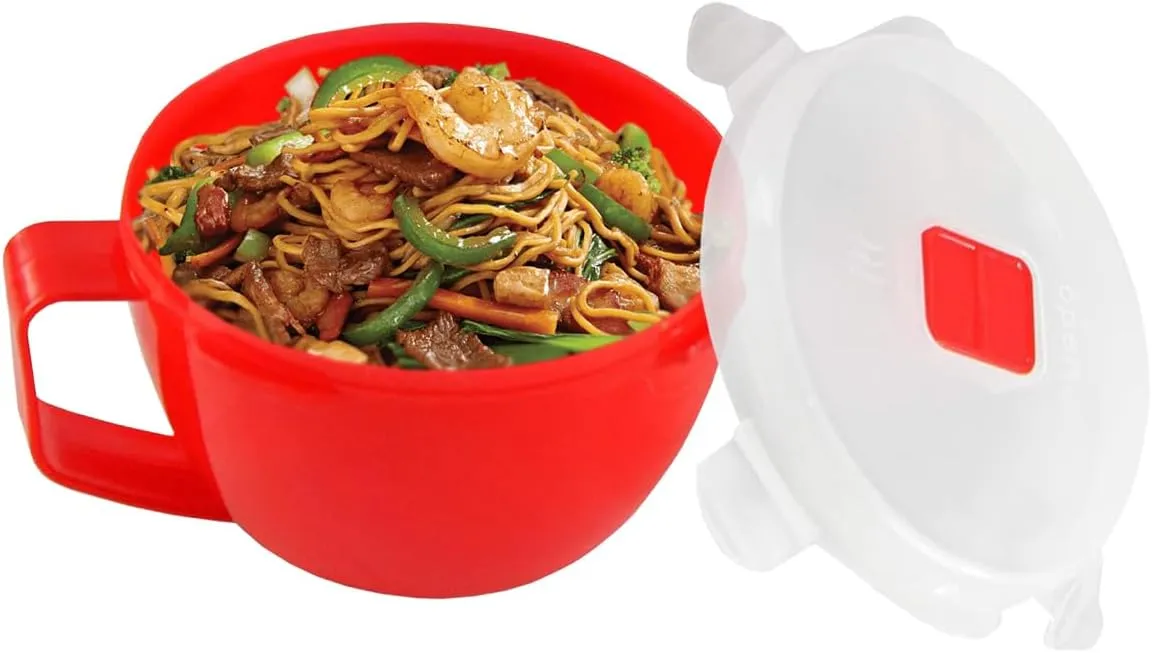 Home-X Set of 4 Microwave Bowls with Lid - Ramen Bowl Microwavable with Steam Release Vents and Easy Locking Clips - BPA-Free, Dishwasher Safe 32oz Soup Mugs with Handle Microwave Safe