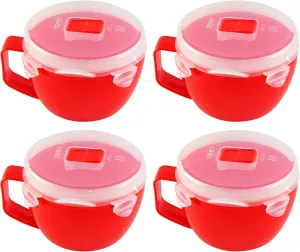 Home-X Set of 4 Microwave Bowls with Lid - Ramen Bowl Microwavable with Steam Release Vents and Easy Locking Clips - BPA-Free, Dishwasher Safe 32oz Soup Mugs with Handle Microwave Safe