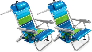 Homevative Cooler  Folding Backpack Beach Chair with 5 Positions, Towel bar, XL Cooler Pouch, Storage Net, Cup and Phone Holder, Deep Sea, 2 Pack