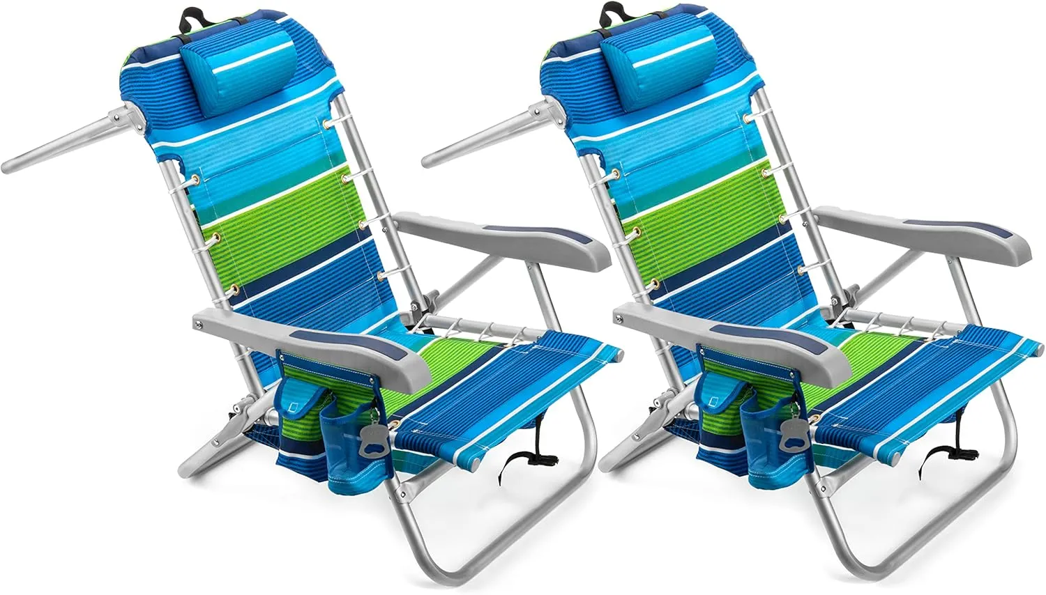 Homevative Cooler  Folding Backpack Beach Chair with 5 Positions, Towel bar, XL Cooler Pouch, Storage Net, Cup and Phone Holder, Deep Sea, 2 Pack