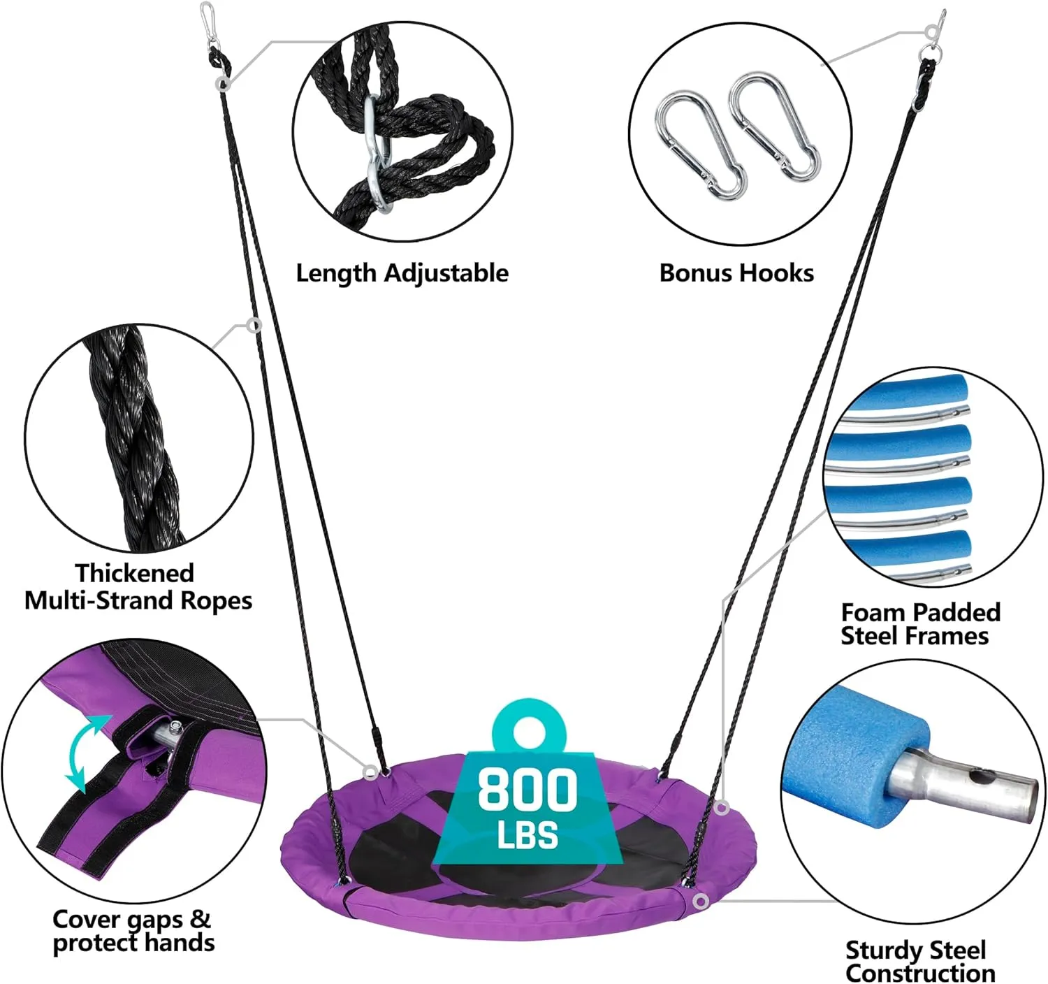 HomGarden Saucer Tree Swing Purple Set 40" Waterproof Round Outdoor Nest Spinner Web Tree Swing 800 lbs Weight Capacity Durable Steel Frame w/Adjustable Nylon Ropes Kids, Teens Adults