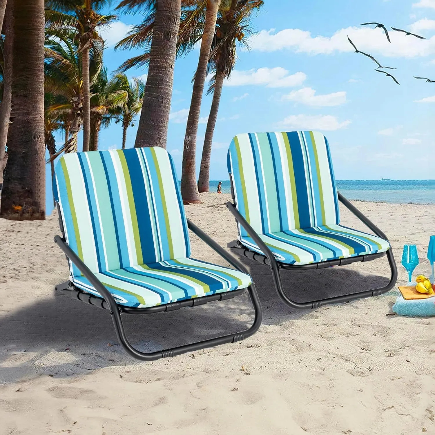 HOMGX Low Beach Chairs for Adults, Set of 2 Folding Backpack Chair with Aluminum Frame, Quick-Dry Cushion & Shoulder Strap, Lightweight Portable Camping Chair for Outdoors, Picnic & Travel (2)