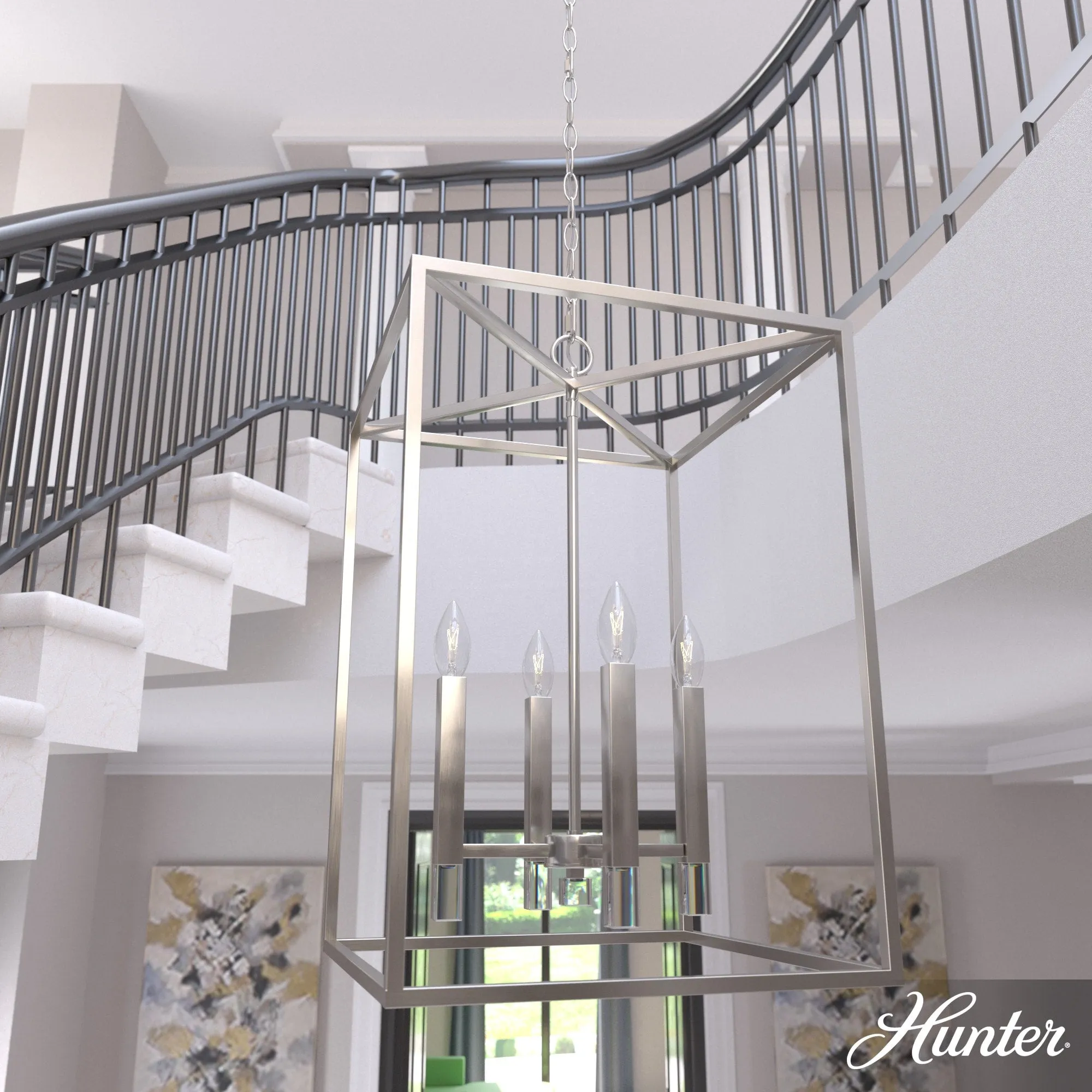 Hunter Sunjai 4-Light Brushed Nickel Traditional Lantern LED Medium Hanging Kitchen Island Light