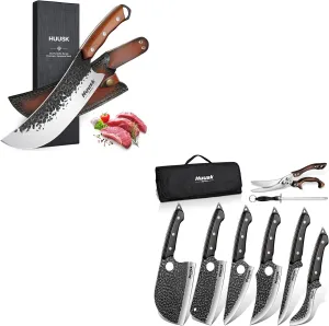 Huusk Serbian Chef Knife Set - 6Pcs Bundle with a Butcher Knife for Meat Cutting,Viking Boning Knives with Bag for Kitchen Outdoor BBQ Camping,Birthday Gift Idea Men