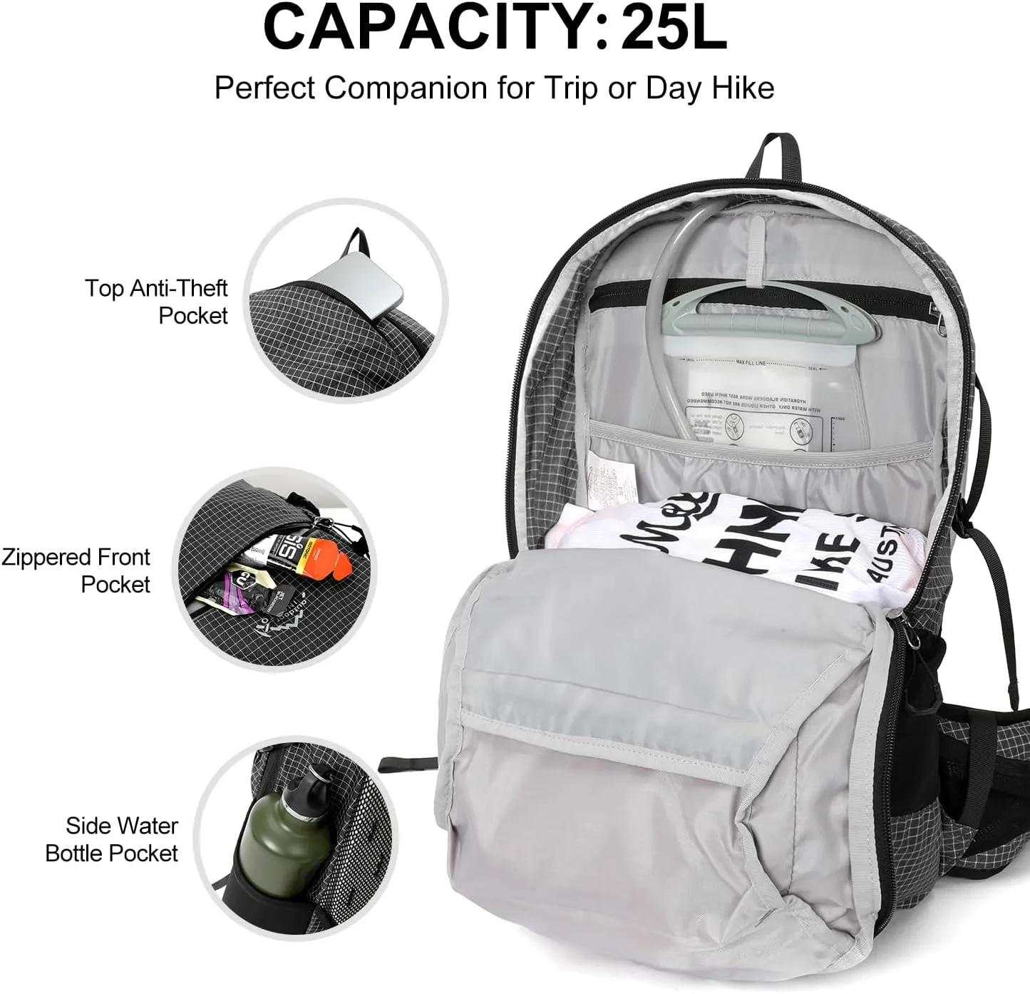 Hydration Backpack, 25L Hiking Backpack with 3L Water Bladder and Rain Cover, Hiking Water Backpack Men Women Lightweight Hydration Pack for Hiking, Cycling, Climbing, Camping