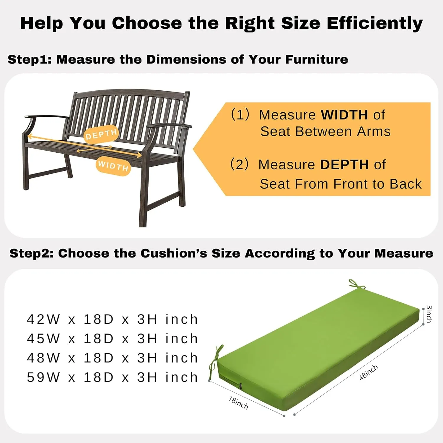 idee-home Outdoor Bench Cushion Waterproof, Bench Cushions for Outdoor Furniture, Patio Porch Swing Replacement Seat Pad with Ties for Garden Backyard, 48 x 18 Inch Green