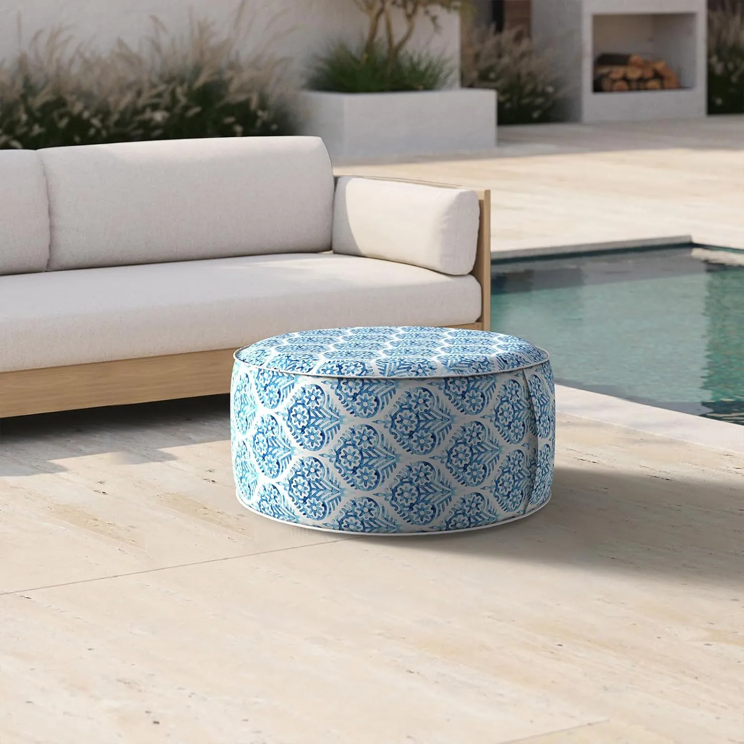 Inflatable Ottoman Stool D21 xH9 for Outdoor/Indoor Use, Water Repellent Patio Foot Rest Stool with Portable Handle,Round Pouf Ottoman Suitable for Garden,Deck and Camping - Celadon Geometric