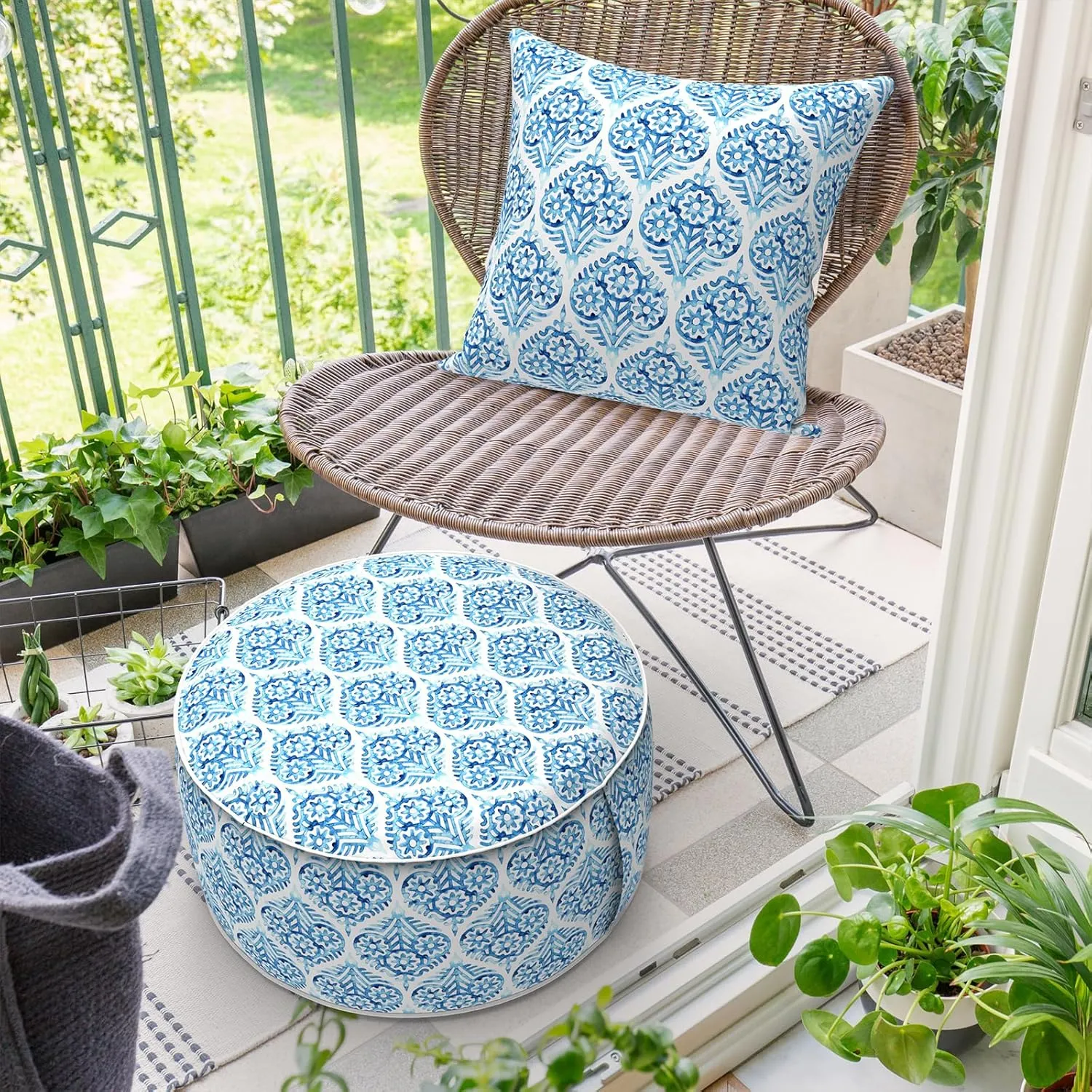 Inflatable Ottoman Stool D21 xH9 for Outdoor/Indoor Use, Water Repellent Patio Foot Rest Stool with Portable Handle,Round Pouf Ottoman Suitable for Garden,Deck and Camping - Celadon Geometric