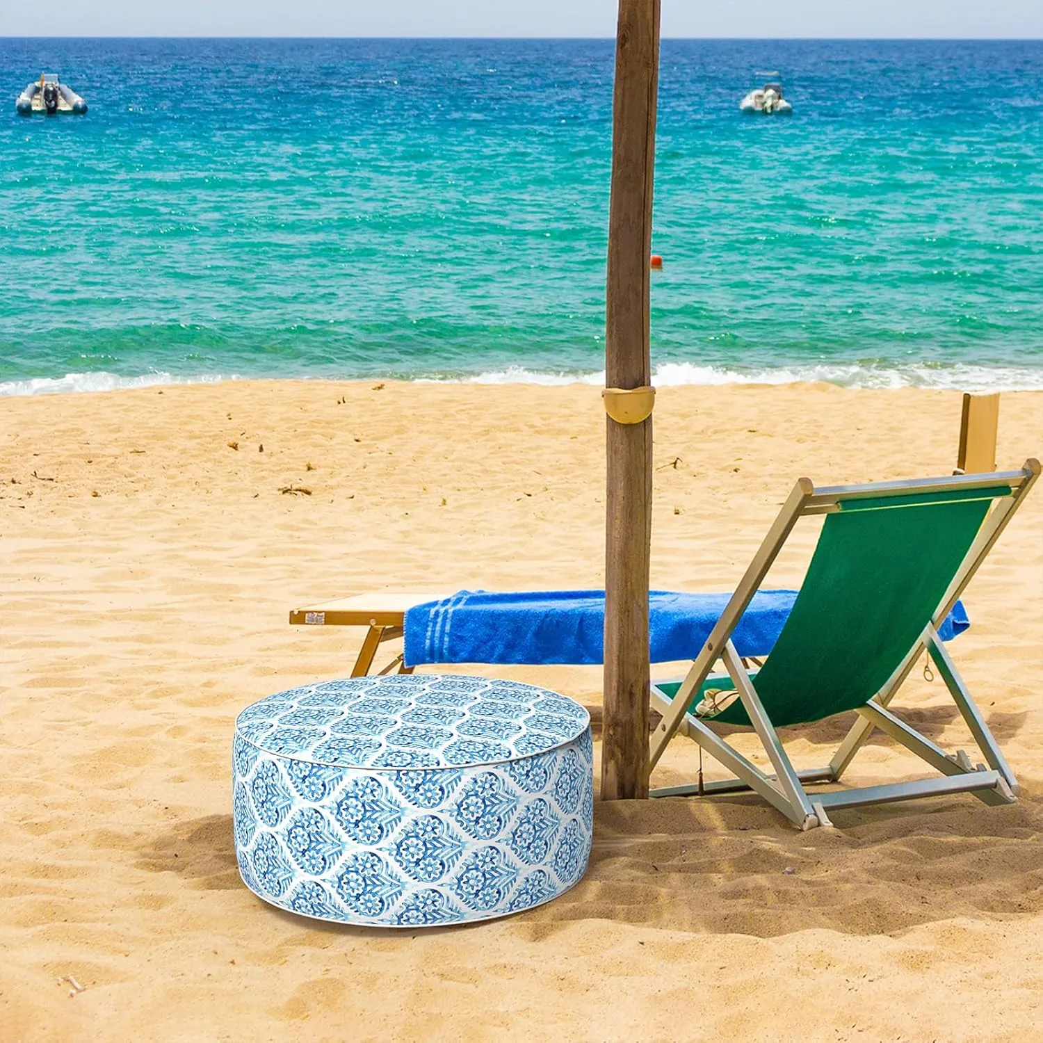 Inflatable Ottoman Stool D21 xH9 for Outdoor/Indoor Use, Water Repellent Patio Foot Rest Stool with Portable Handle,Round Pouf Ottoman Suitable for Garden,Deck and Camping - Celadon Geometric
