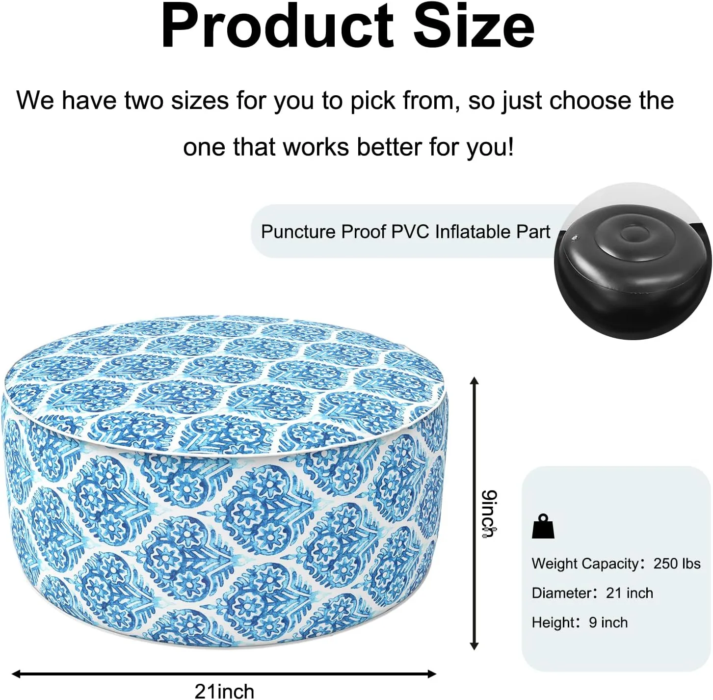 Inflatable Ottoman Stool D21 xH9 for Outdoor/Indoor Use, Water Repellent Patio Foot Rest Stool with Portable Handle,Round Pouf Ottoman Suitable for Garden,Deck and Camping - Celadon Geometric