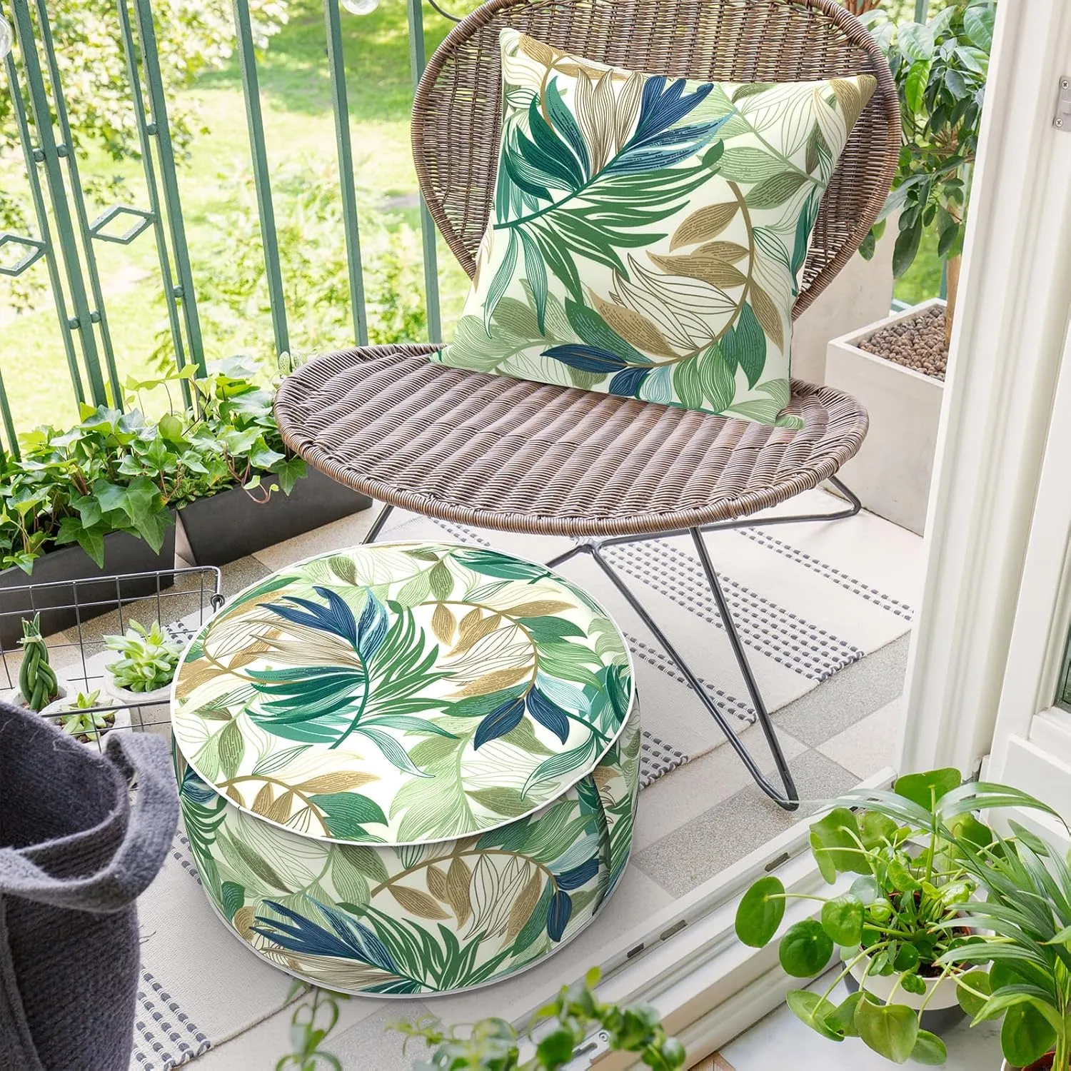 Inflatable Ottoman Stool D21 xH9 for Outdoor/Indoor Use, Water Repellent Patio Foot Rest Stool with Portable Handle,Round Pouf Ottoman Suitable for Garden,Deck and Camping - Lush Leaf Green