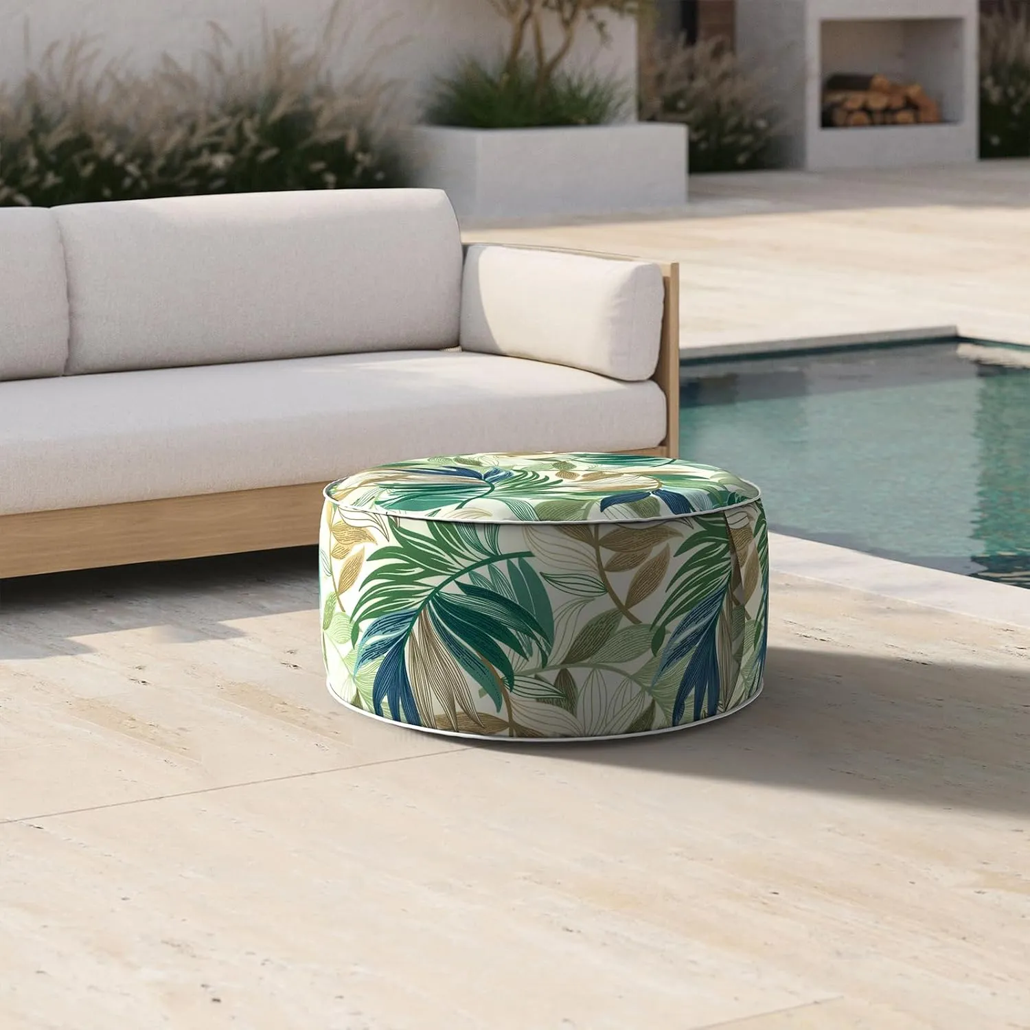 Inflatable Ottoman Stool D21 xH9 for Outdoor/Indoor Use, Water Repellent Patio Foot Rest Stool with Portable Handle,Round Pouf Ottoman Suitable for Garden,Deck and Camping - Lush Leaf Green