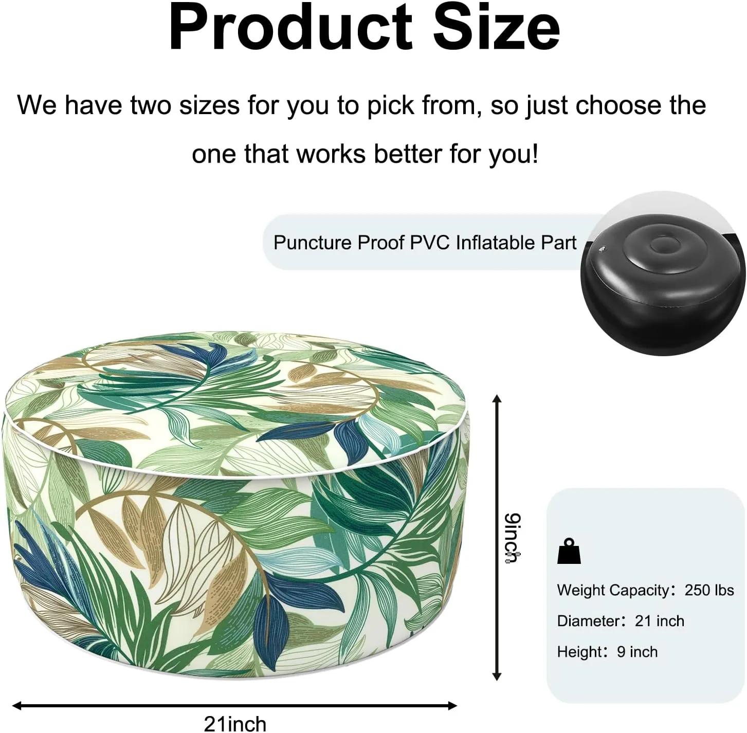Inflatable Ottoman Stool D21 xH9 for Outdoor/Indoor Use, Water Repellent Patio Foot Rest Stool with Portable Handle,Round Pouf Ottoman Suitable for Garden,Deck and Camping - Lush Leaf Green