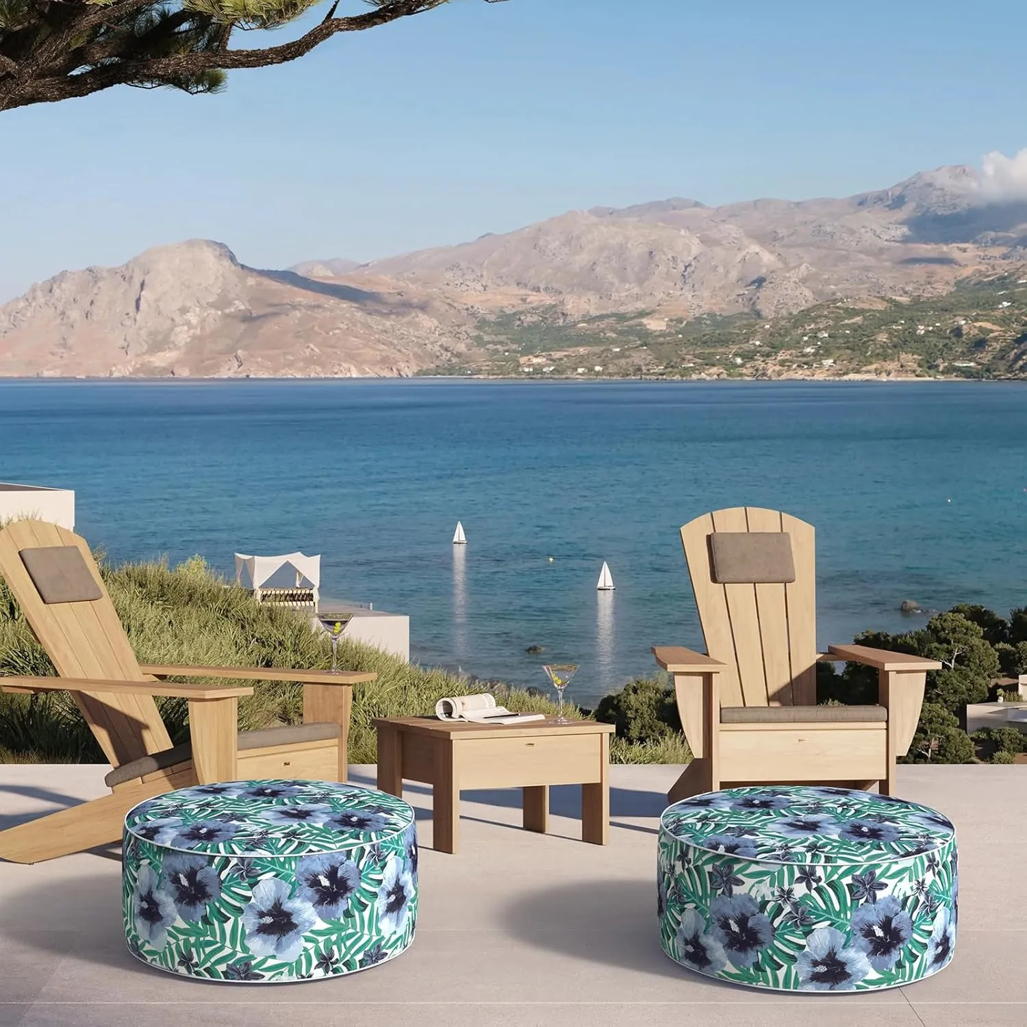 Inflatable Ottoman Stool D21 xH9 for Outdoor/Indoor Use, Water Repellent Patio Foot Rest with Portable Handle,Round Pouf Ottoman Suitable for Garden,Deck and Camping - Blue Salmone Tropical