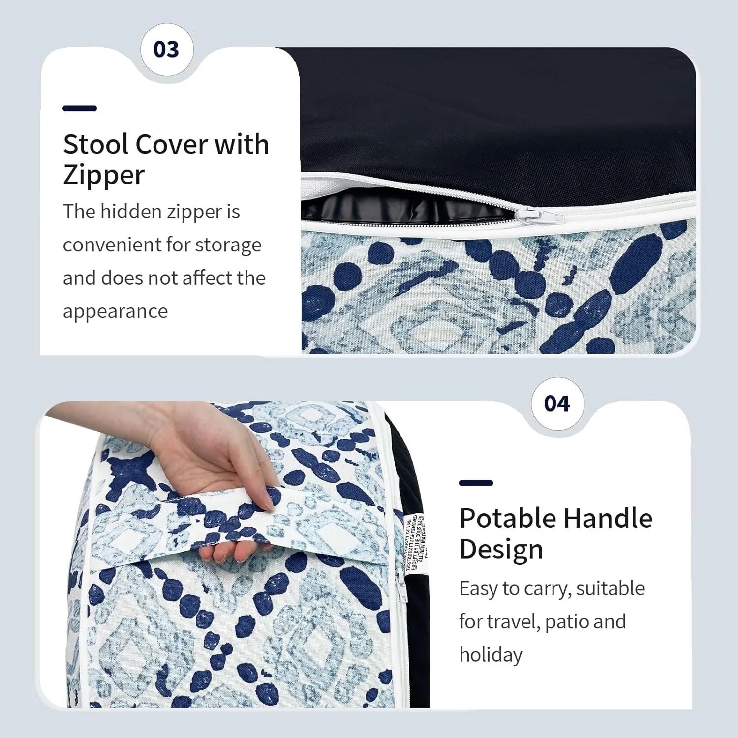 Inflatable Ottoman Stool D31 xH14 for Outdoor/Indoor Use, Water Repellent Patio Foot Rest with Portable Handle,Round Pouf Ottoman Suitable for Garden,Deck and Camping - Boho Geometry Blue