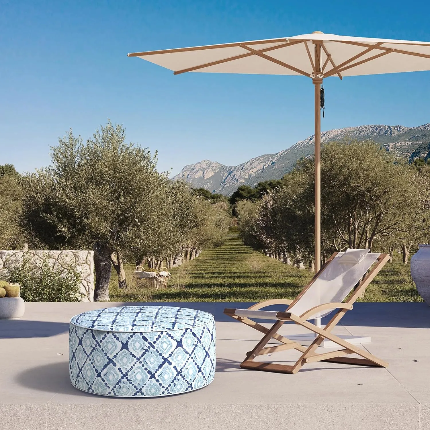 Inflatable Ottoman Stool D31 xH14 for Outdoor/Indoor Use, Water Repellent Patio Foot Rest with Portable Handle,Round Pouf Ottoman Suitable for Garden,Deck and Camping - Boho Geometry Blue