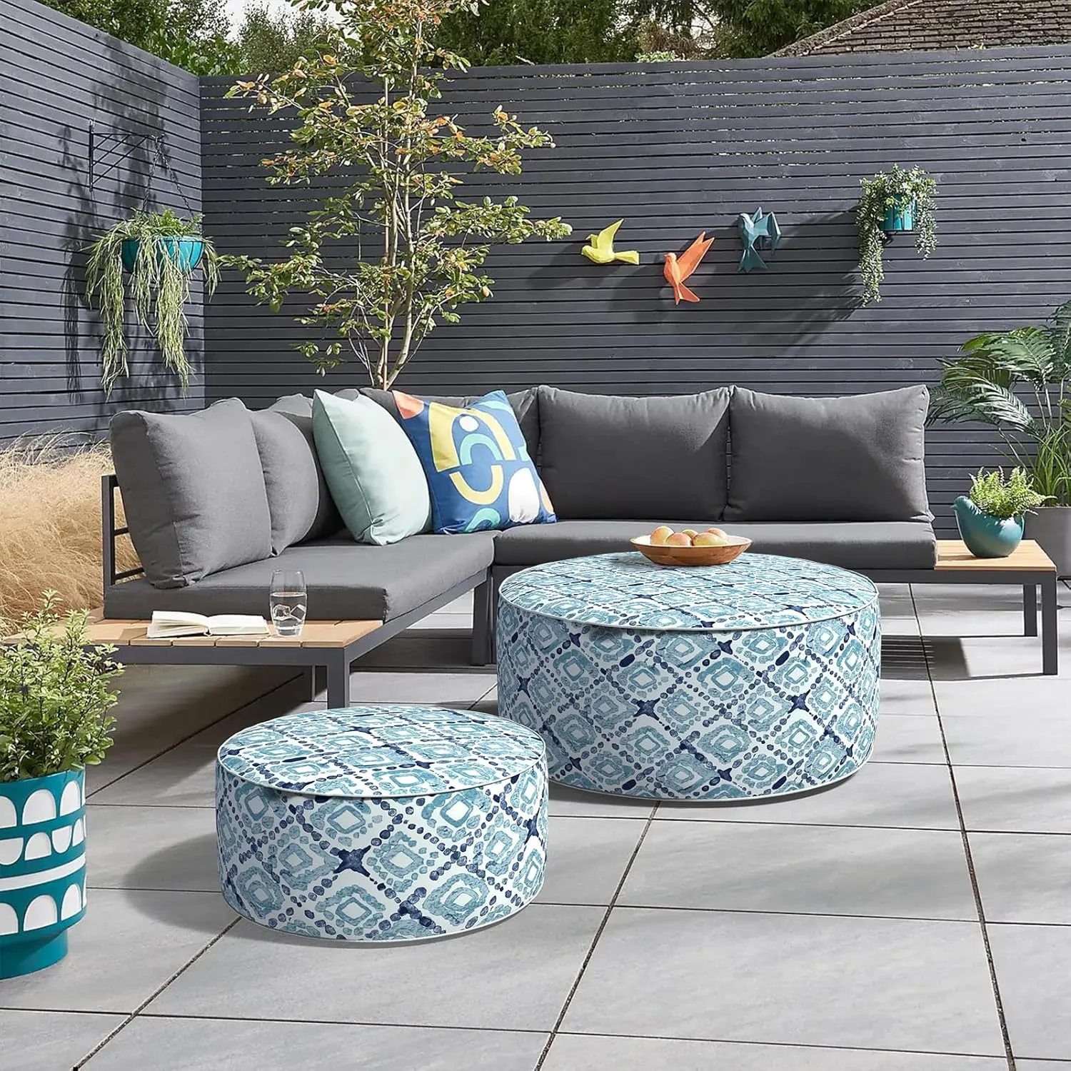 Inflatable Ottoman Stool D31 xH14 for Outdoor/Indoor Use, Water Repellent Patio Foot Rest with Portable Handle,Round Pouf Ottoman Suitable for Garden,Deck and Camping - Boho Geometry Blue