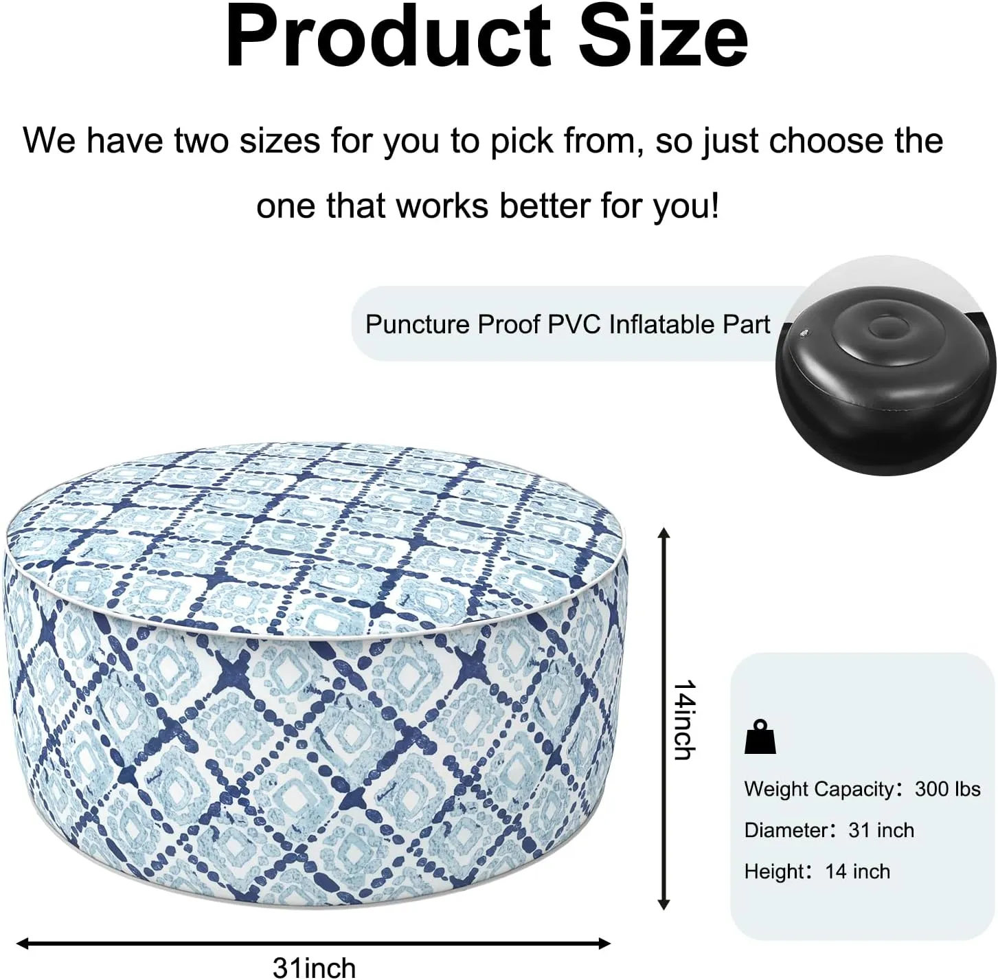 Inflatable Ottoman Stool D31 xH14 for Outdoor/Indoor Use, Water Repellent Patio Foot Rest with Portable Handle,Round Pouf Ottoman Suitable for Garden,Deck and Camping - Boho Geometry Blue