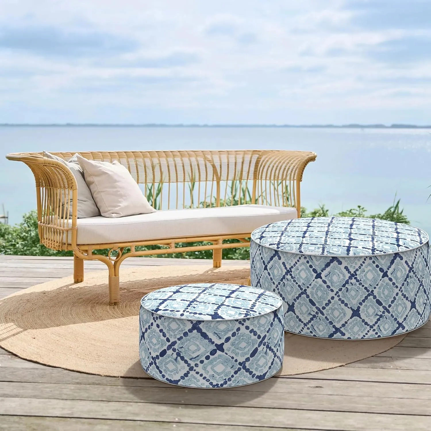 Inflatable Ottoman Stool D31 xH14 for Outdoor/Indoor Use, Water Repellent Patio Foot Rest with Portable Handle,Round Pouf Ottoman Suitable for Garden,Deck and Camping - Boho Geometry Blue