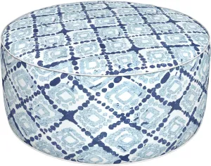 Inflatable Ottoman Stool D31 xH14 for Outdoor/Indoor Use, Water Repellent Patio Foot Rest with Portable Handle,Round Pouf Ottoman Suitable for Garden,Deck and Camping - Boho Geometry Blue