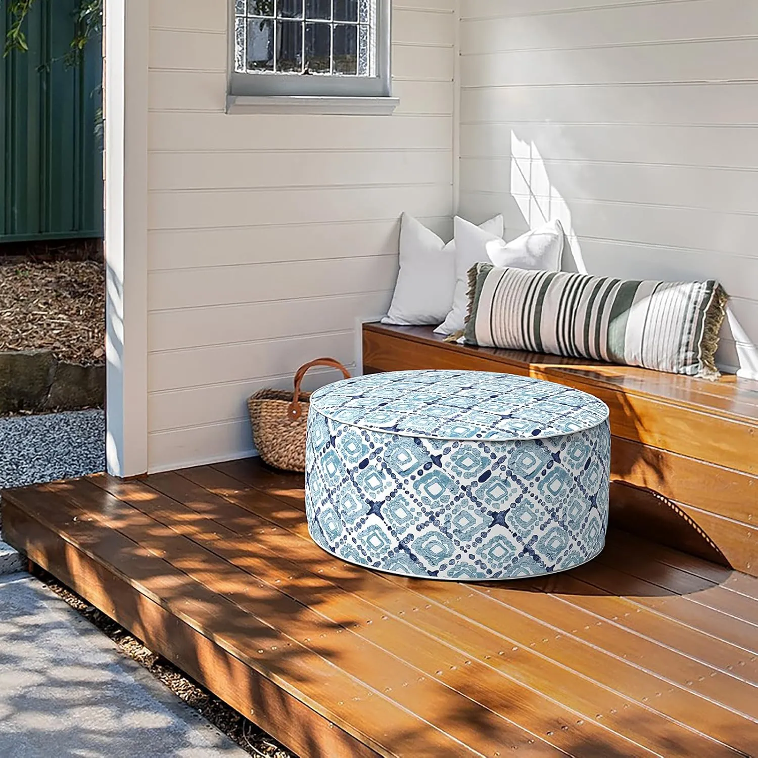 Inflatable Ottoman Stool D31 xH14 for Outdoor/Indoor Use, Water Repellent Patio Foot Rest with Portable Handle,Round Pouf Ottoman Suitable for Garden,Deck and Camping - Boho Geometry Blue