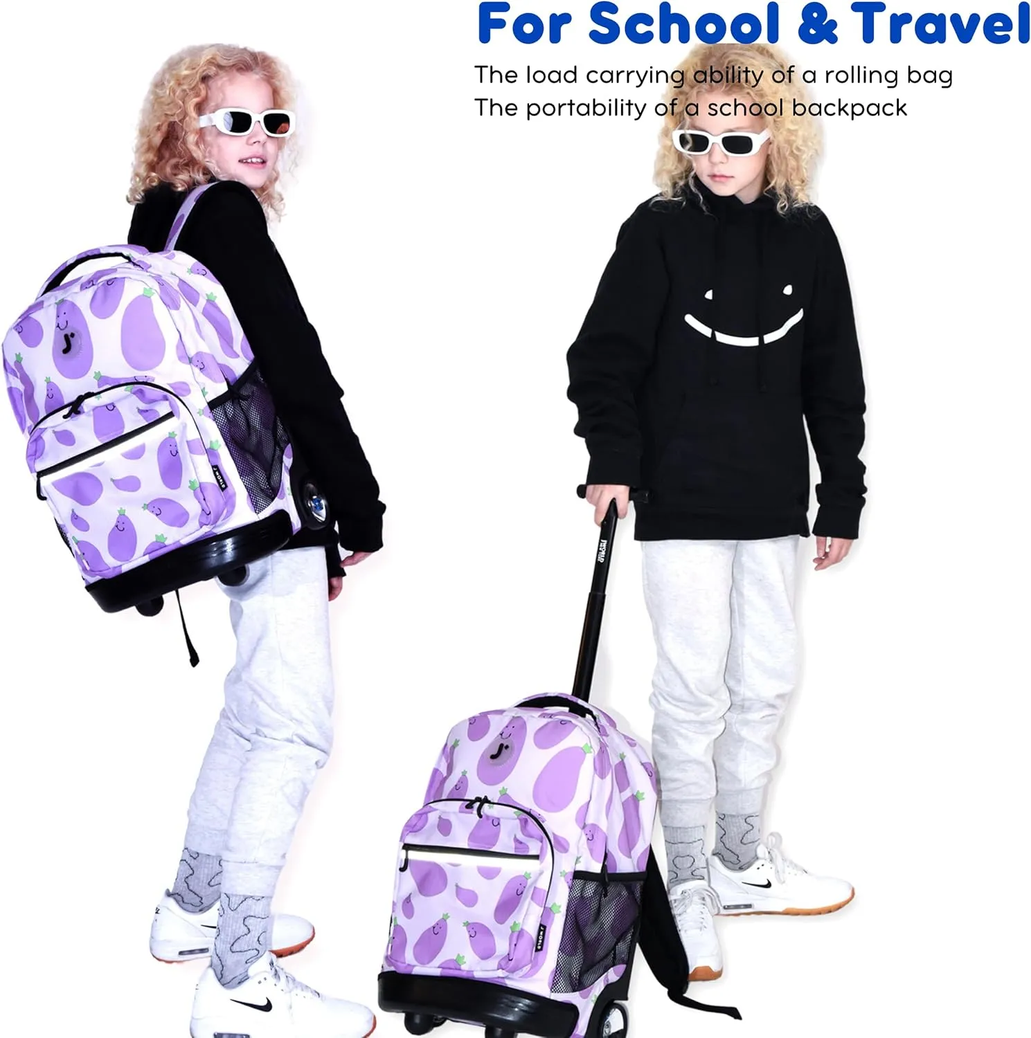 J World New York Sunrise Kids Rolling Backpack for Girls Boys Teen. Roller Bookbag with Wheels, Lemona, 18"