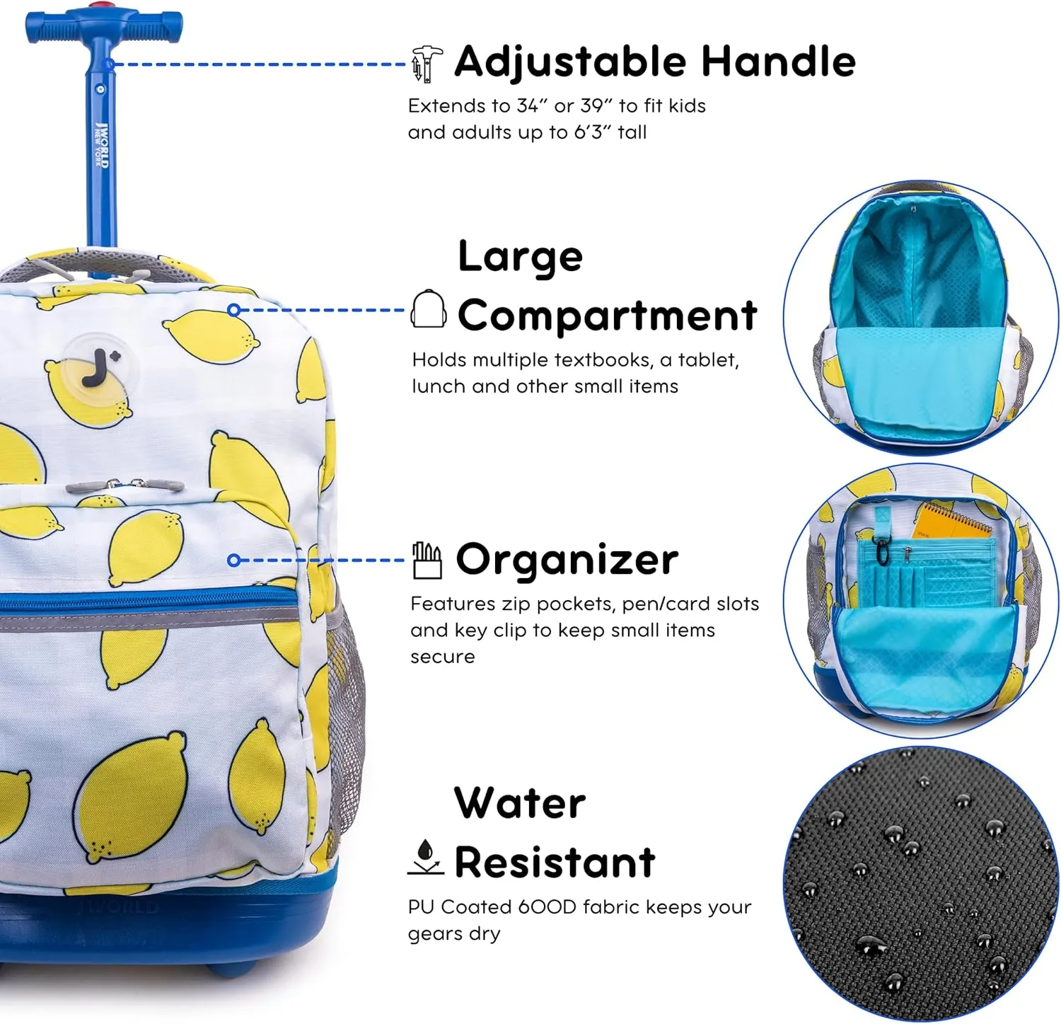 J World New York Sunrise Kids Rolling Backpack for Girls Boys Teen. Roller Bookbag with Wheels, Lemona, 18"