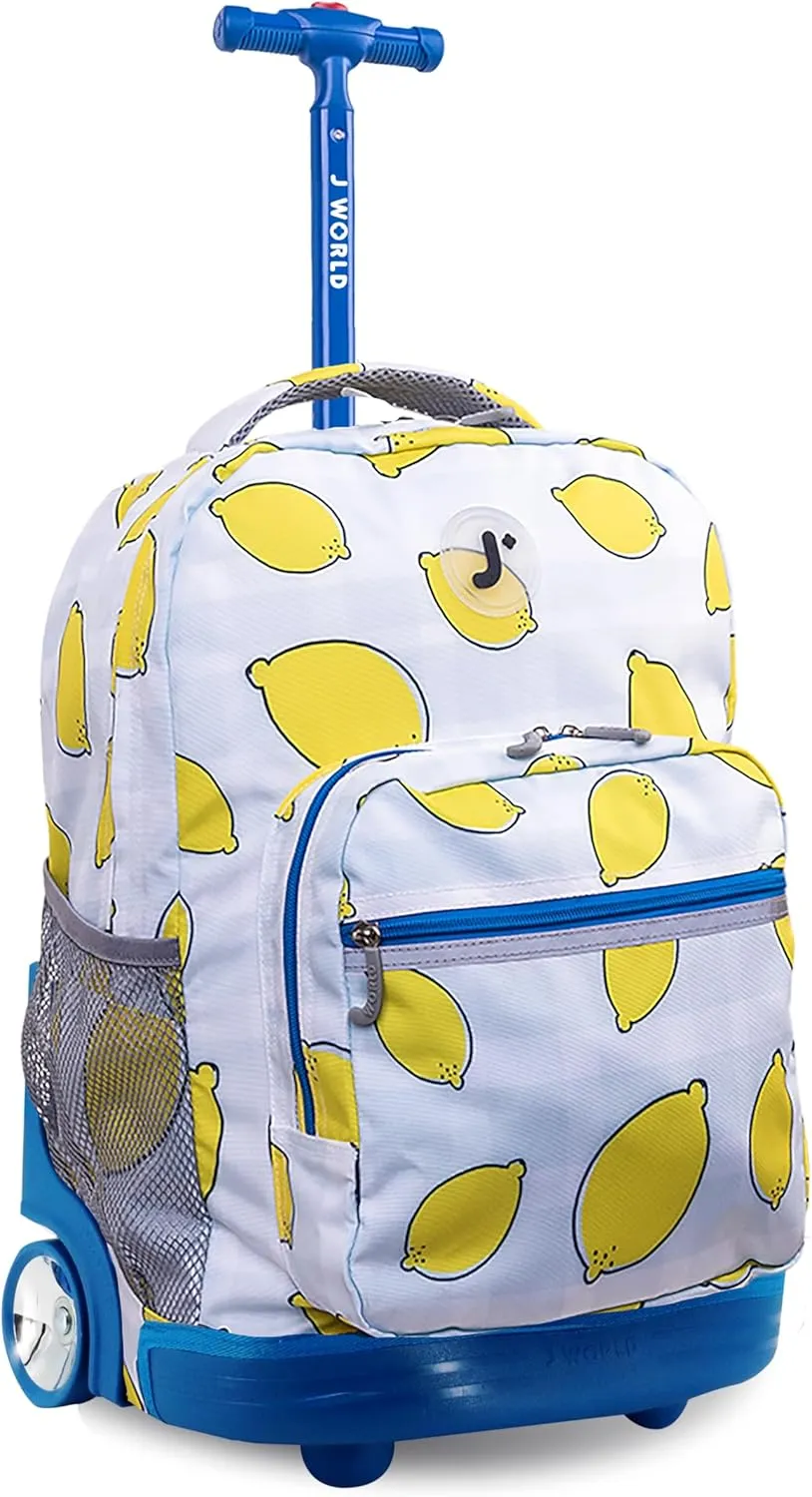 J World New York Sunrise Kids Rolling Backpack for Girls Boys Teen. Roller Bookbag with Wheels, Lemona, 18"