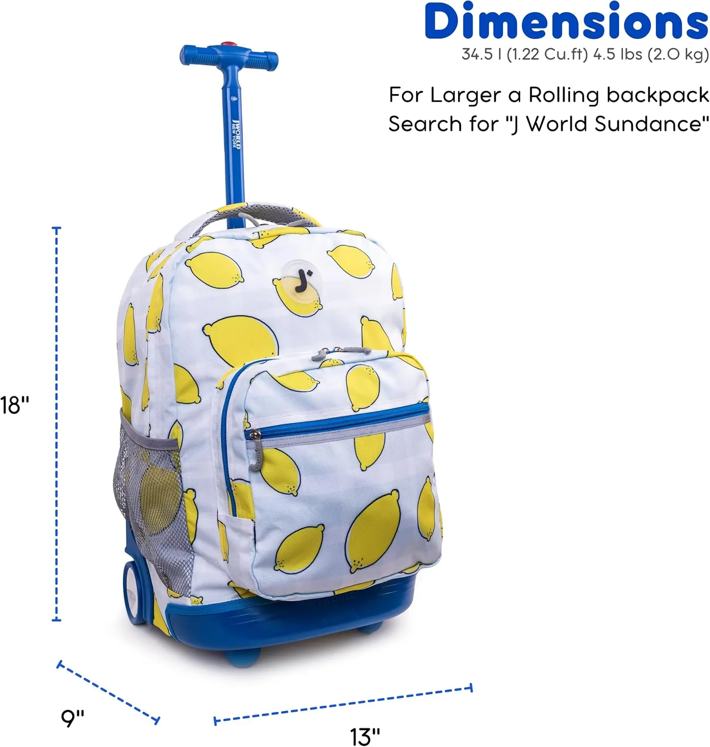 J World New York Sunrise Kids Rolling Backpack for Girls Boys Teen. Roller Bookbag with Wheels, Lemona, 18"