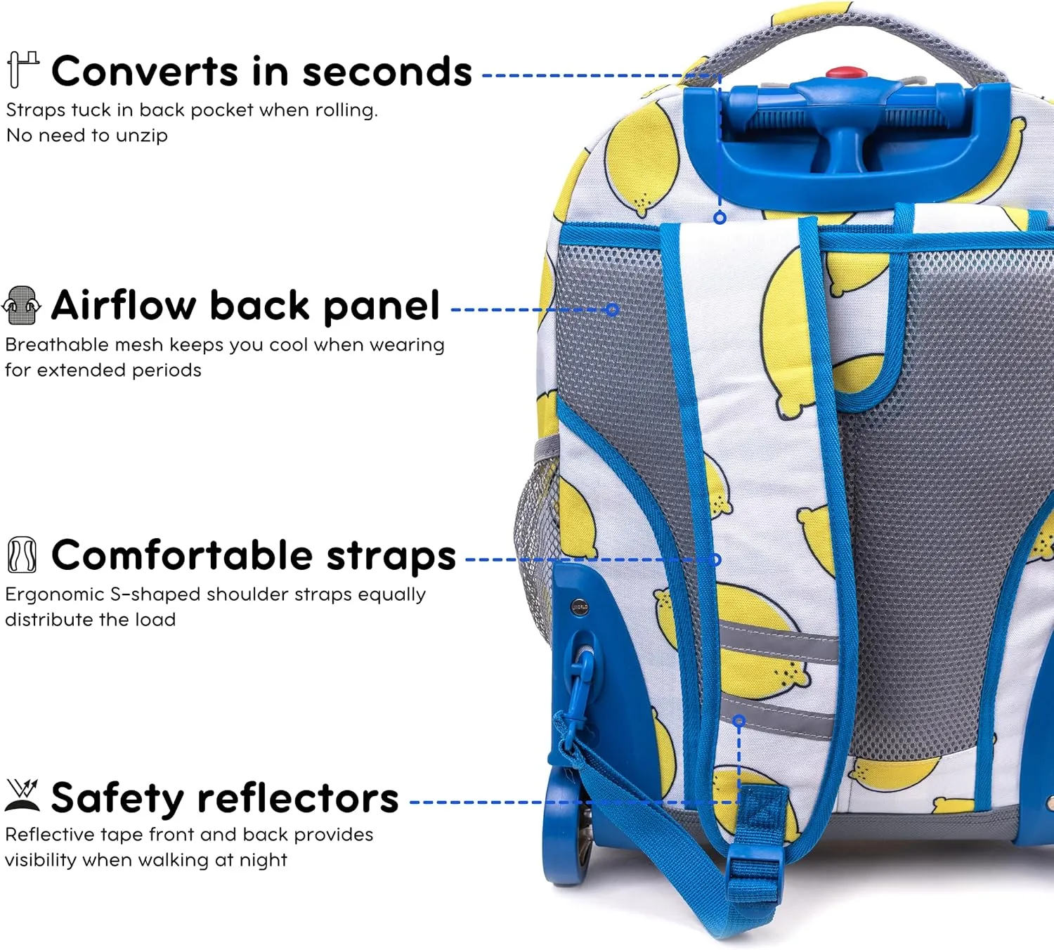 J World New York Sunrise Kids Rolling Backpack for Girls Boys Teen. Roller Bookbag with Wheels, Lemona, 18"