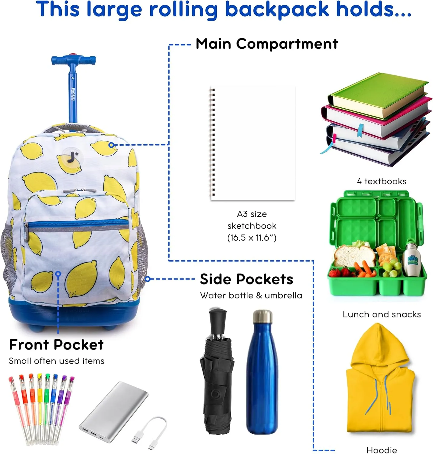 J World New York Sunrise Kids Rolling Backpack for Girls Boys Teen. Roller Bookbag with Wheels, Lemona, 18"