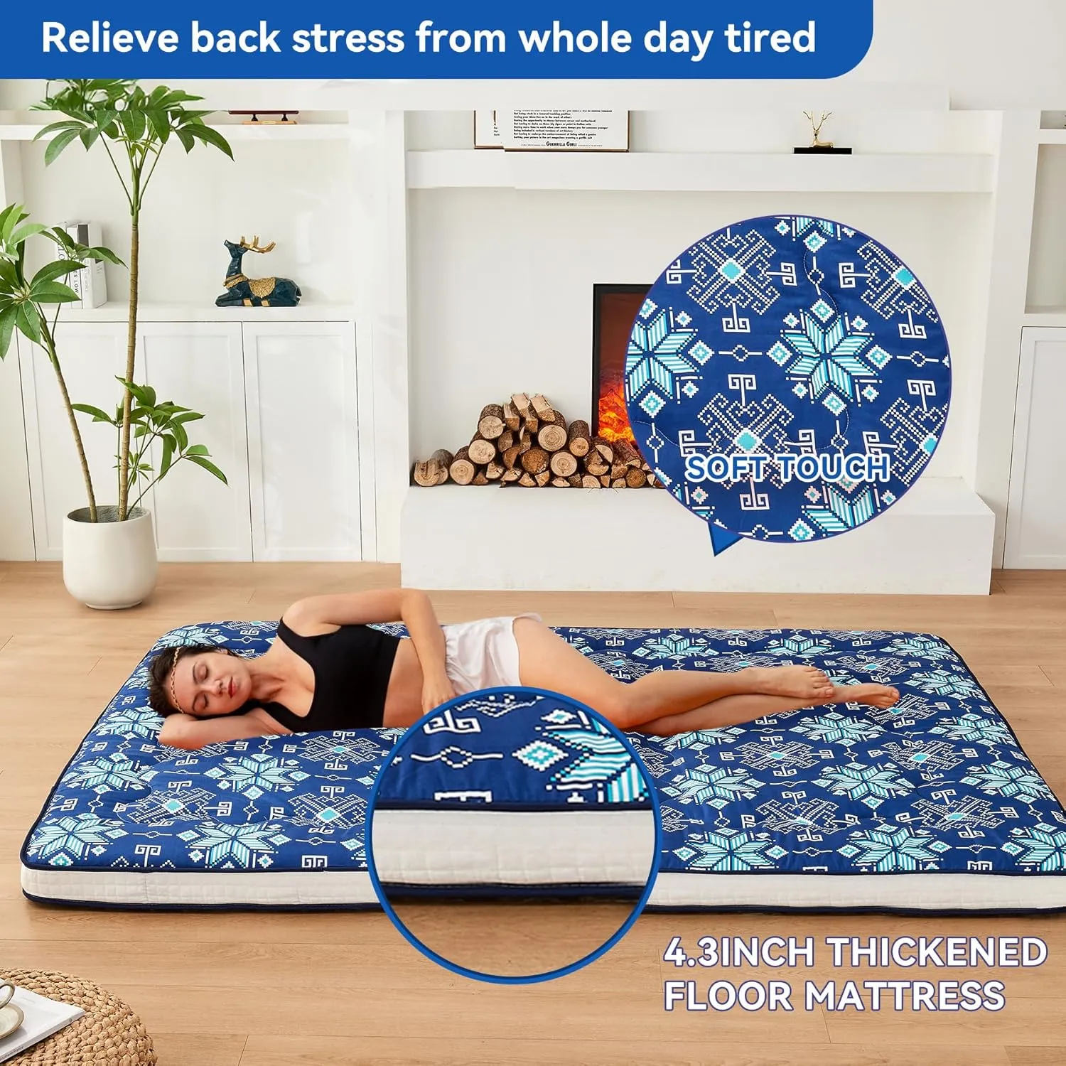 Japanese Floor Futon Mattress Extra Thick Folding Roll Up Bed Topper Mat for Guest,Lounger and Tavel