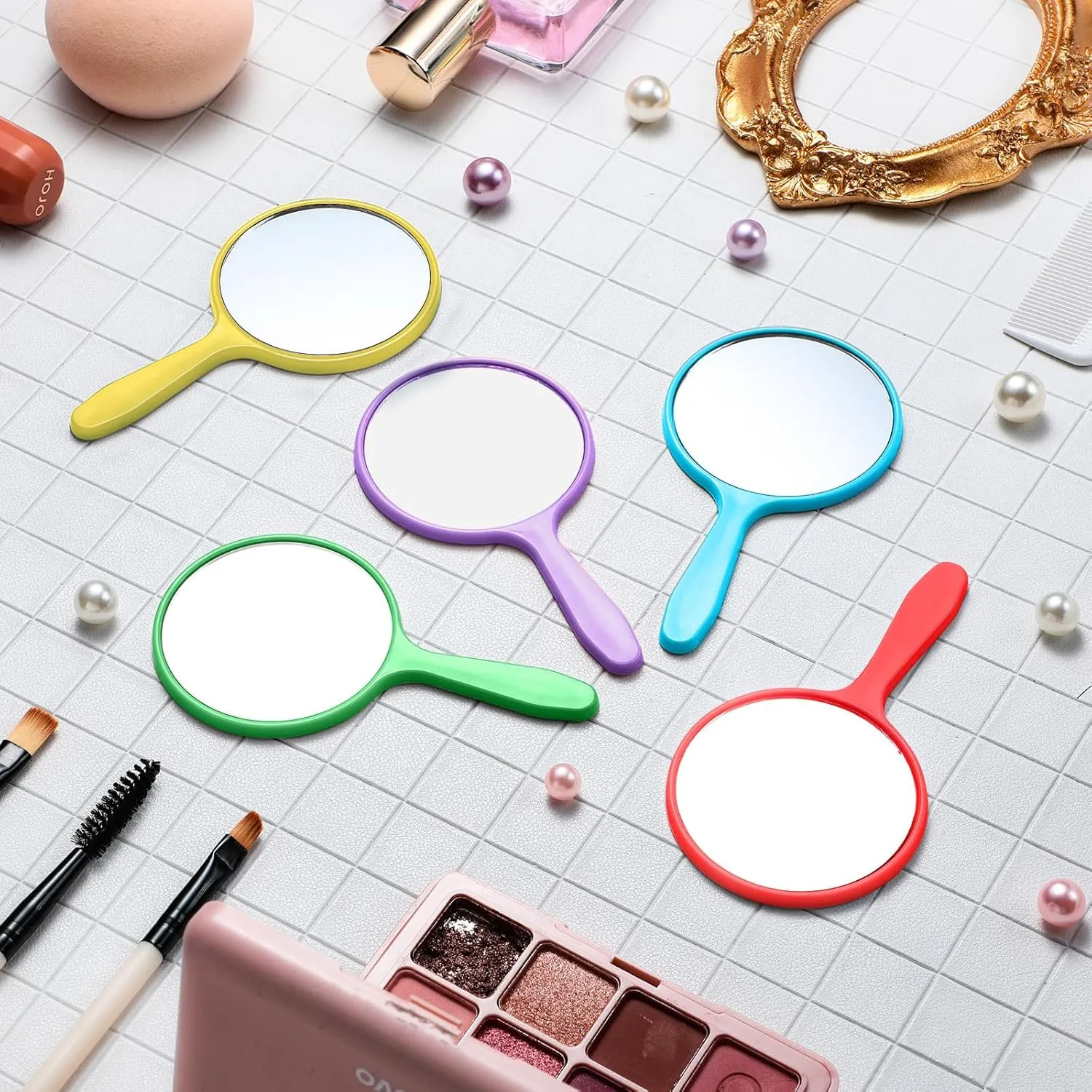 Jetec 25 Pcs Handheld Mirror with Handle, 3.94" l x 2.17" W, Small Portable Round Mirror Bulk for Kids Travel Makeup Classroom Camping Daily DIY Crafts (Red, Yellow, Blue, Green, Purple)