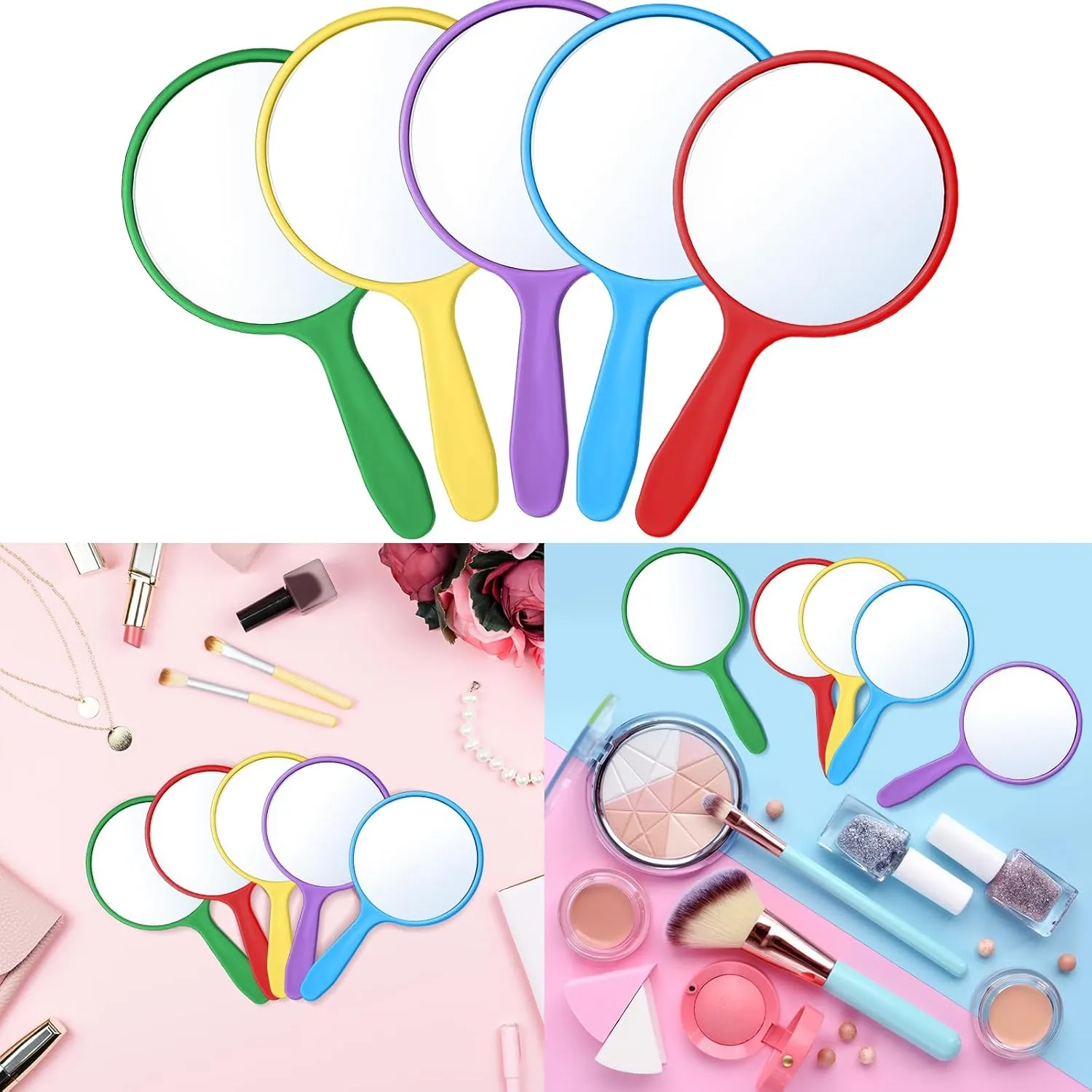 Jetec 25 Pcs Handheld Mirror with Handle, 3.94" l x 2.17" W, Small Portable Round Mirror Bulk for Kids Travel Makeup Classroom Camping Daily DIY Crafts (Red, Yellow, Blue, Green, Purple)