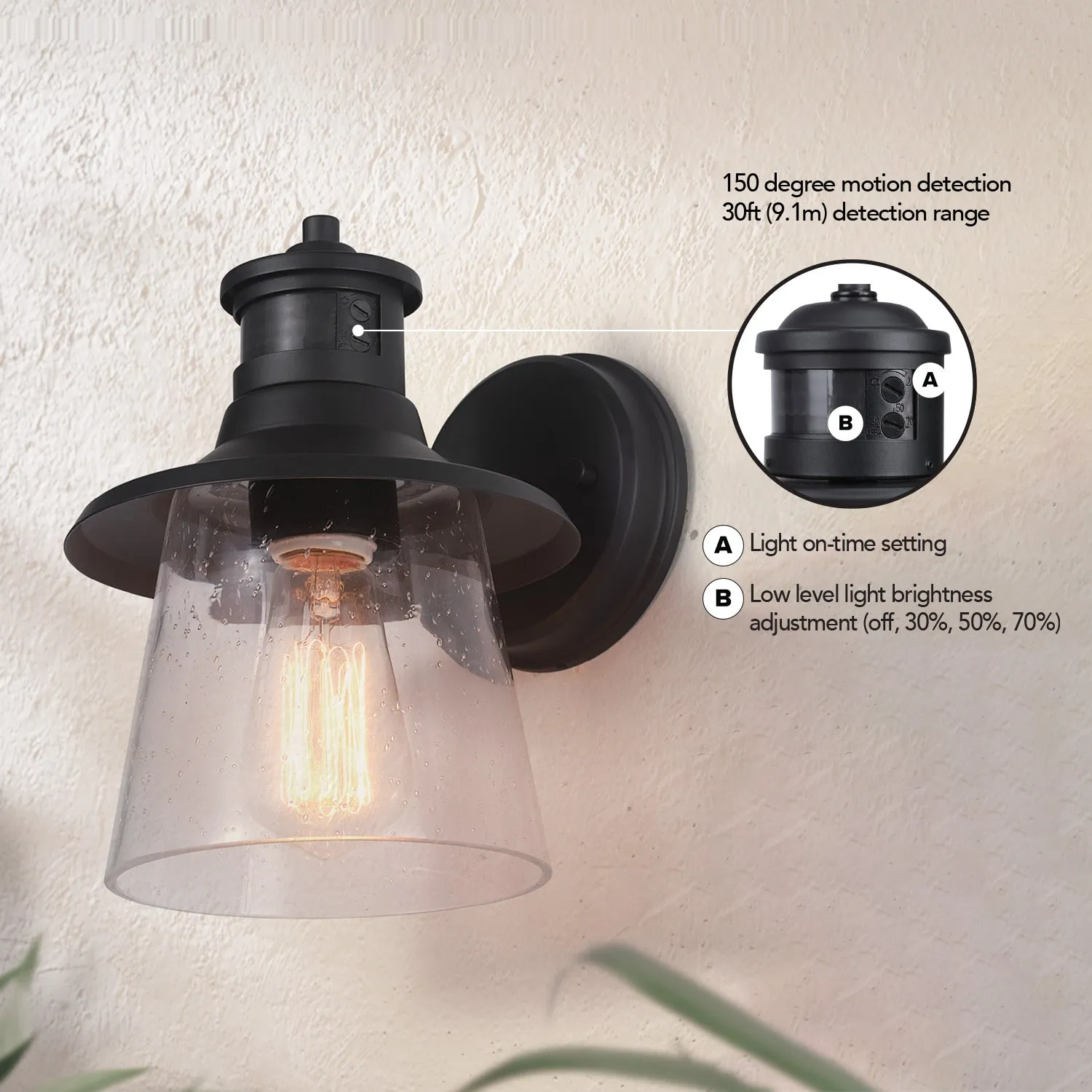 Juno 1-Light Matte Black Motion Sensor Outdoor Wall Sconce with Clear Seeded Glass Shade