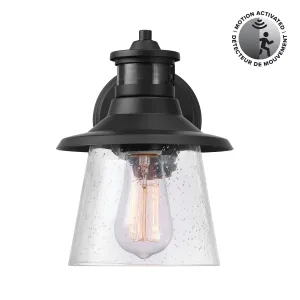 Juno 1-Light Matte Black Motion Sensor Outdoor Wall Sconce with Clear Seeded Glass Shade