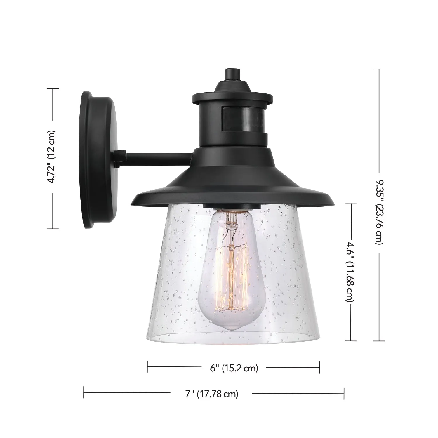 Juno 1-Light Matte Black Motion Sensor Outdoor Wall Sconce with Clear Seeded Glass Shade