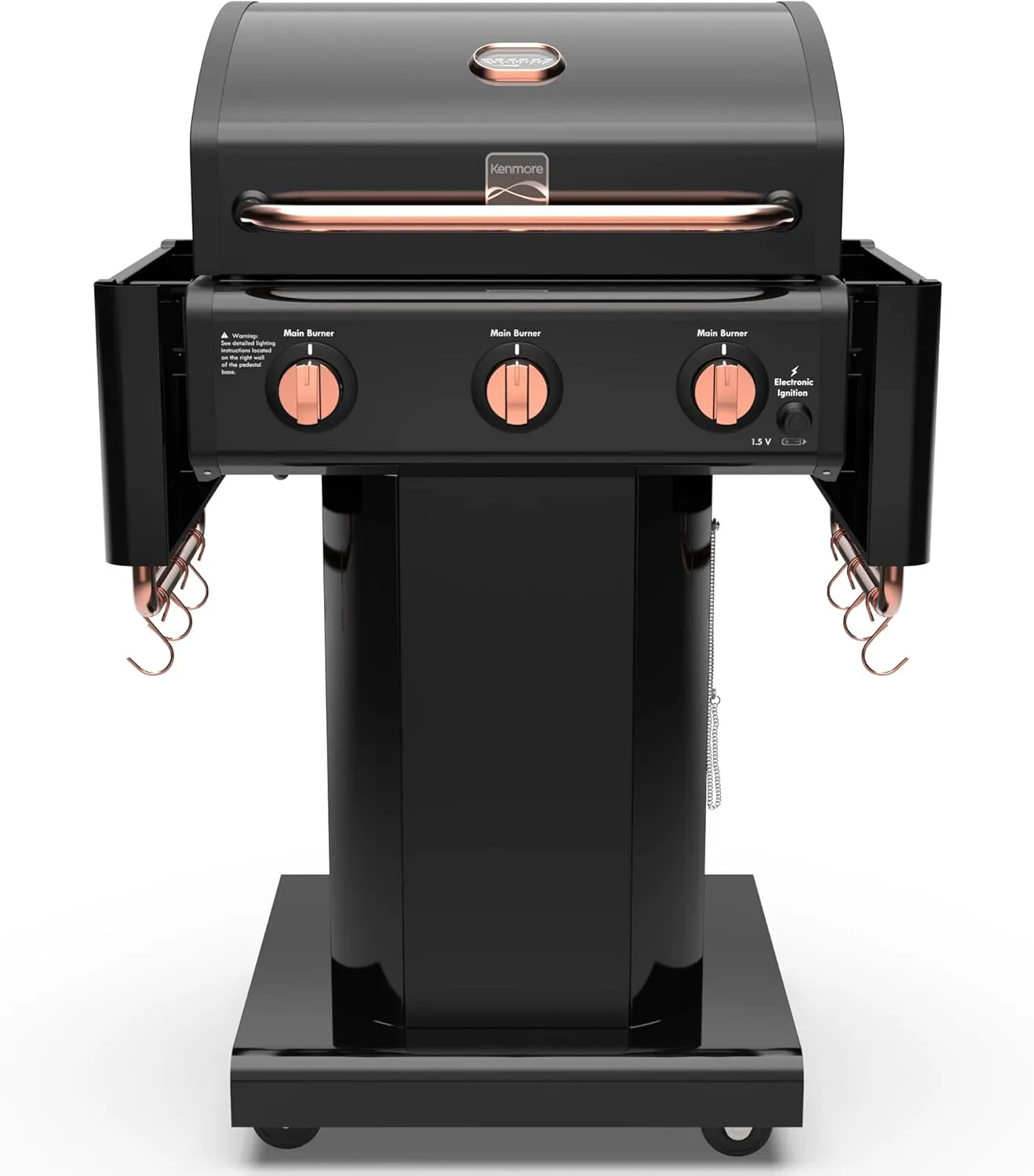 Kenmore 3-Burner Gas Grill | Foldable Side Tables, Cast Iron Cooking Grates, Warming Rack, Hooks for BBQ Grilling Tools, Propane Gas Barbecue Grill, 30,000 BTUs, Black with Copper Accent