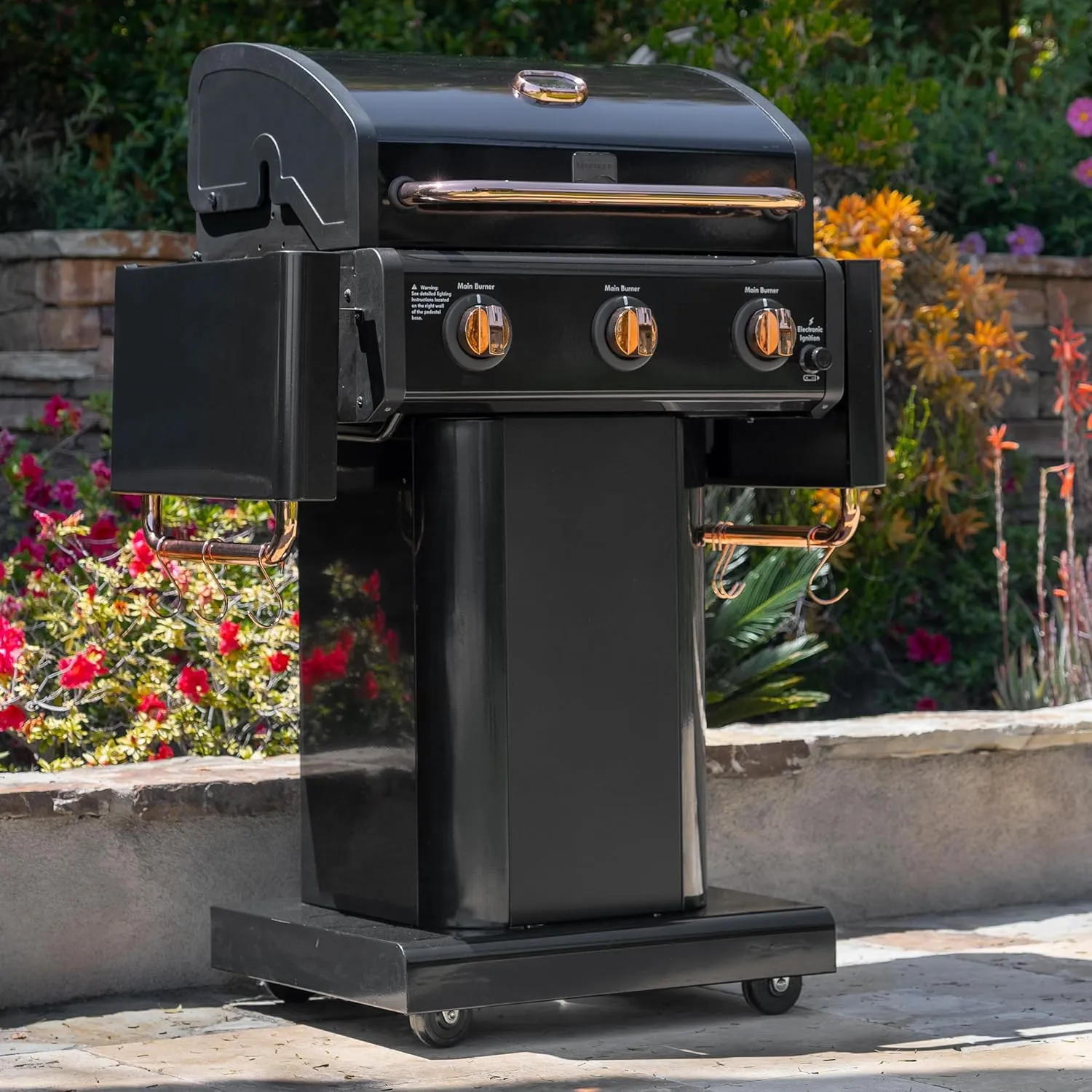 Kenmore 3-Burner Gas Grill | Foldable Side Tables, Cast Iron Cooking Grates, Warming Rack, Hooks for BBQ Grilling Tools, Propane Gas Barbecue Grill, 30,000 BTUs, Black with Copper Accent