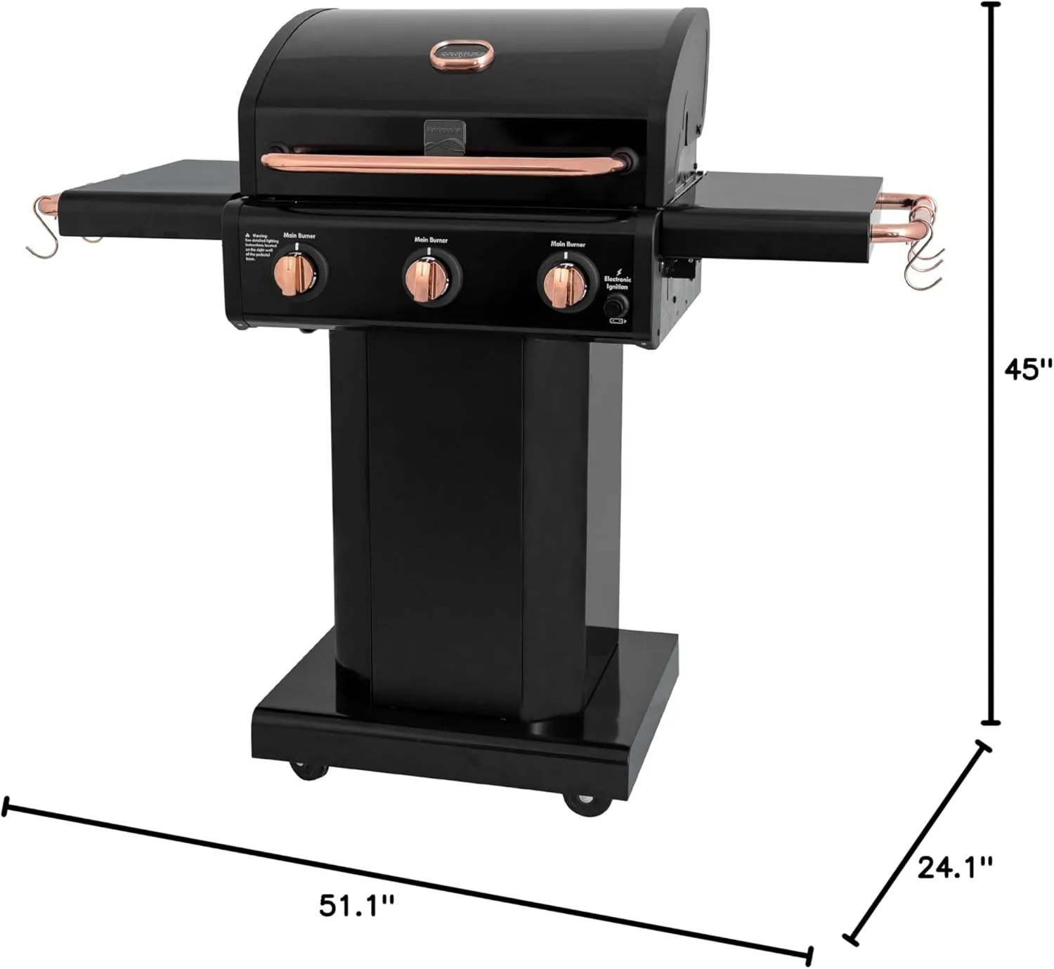 Kenmore 3-Burner Gas Grill | Foldable Side Tables, Cast Iron Cooking Grates, Warming Rack, Hooks for BBQ Grilling Tools, Propane Gas Barbecue Grill, 30,000 BTUs, Black with Copper Accent