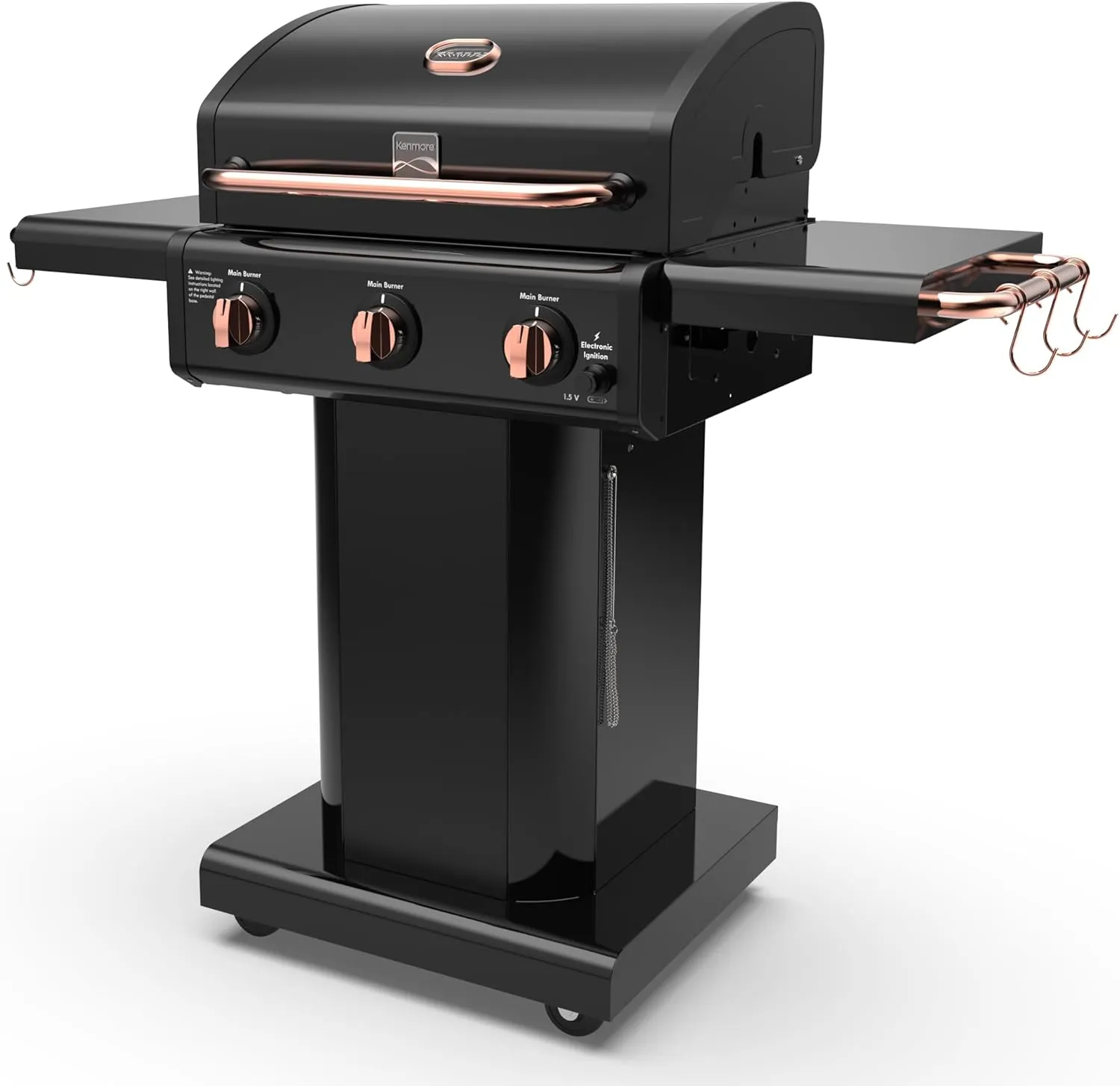 Kenmore 3-Burner Gas Grill | Foldable Side Tables, Cast Iron Cooking Grates, Warming Rack, Hooks for BBQ Grilling Tools, Propane Gas Barbecue Grill, 30,000 BTUs, Black with Copper Accent