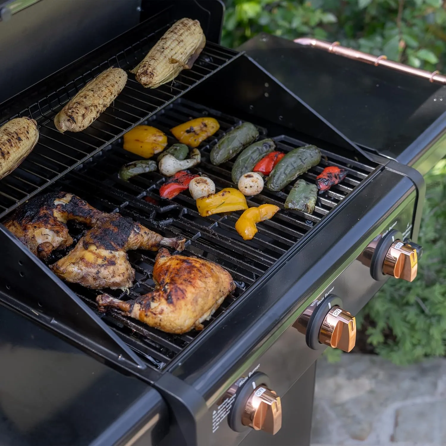 Kenmore 3-Burner Gas Grill | Foldable Side Tables, Cast Iron Cooking Grates, Warming Rack, Hooks for BBQ Grilling Tools, Propane Gas Barbecue Grill, 30,000 BTUs, Black with Copper Accent