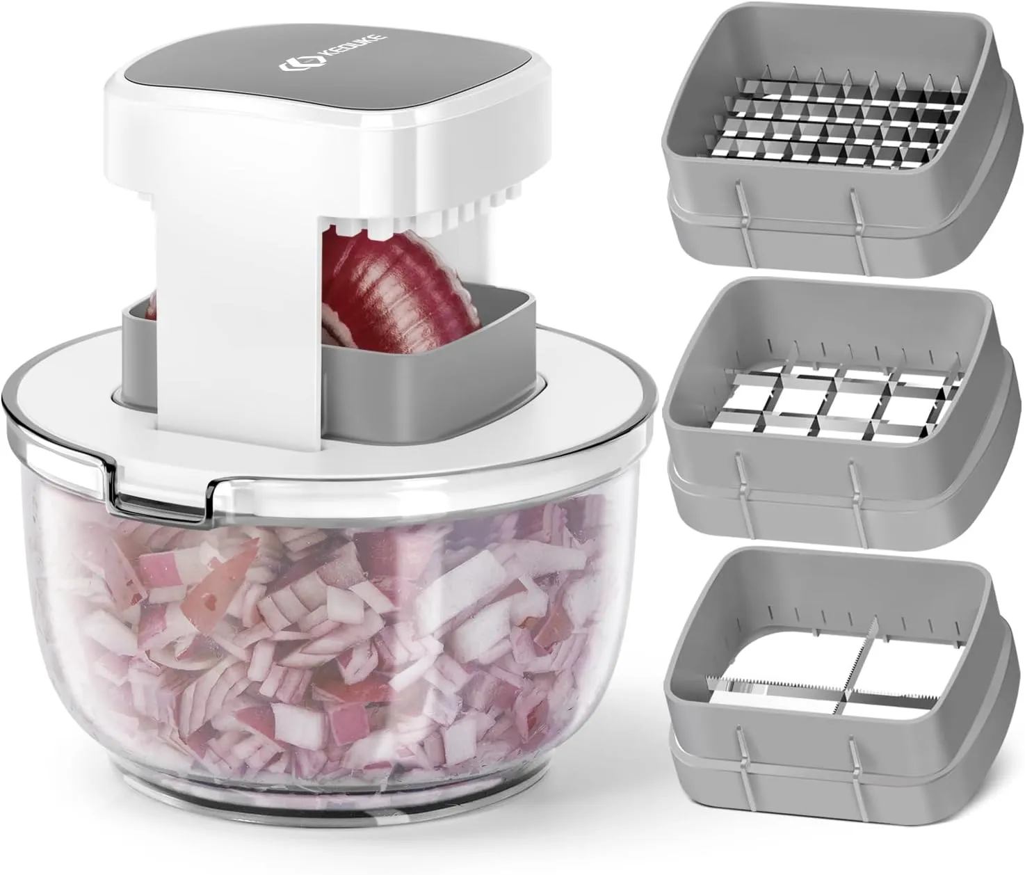 KEOUKE Vegetable Chopper Bowl Multi-functional 3 Interchangeable Blades Onion Chopper French Fry Cutter Veggie Dicer for Cucumber, Tomato, Zucchini, Carrot, Citrus