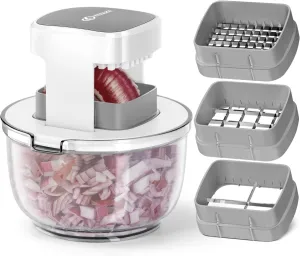 KEOUKE Vegetable Chopper Bowl Multi-functional 3 Interchangeable Blades Onion Chopper French Fry Cutter Veggie Dicer for Cucumber, Tomato, Zucchini, Carrot, Citrus