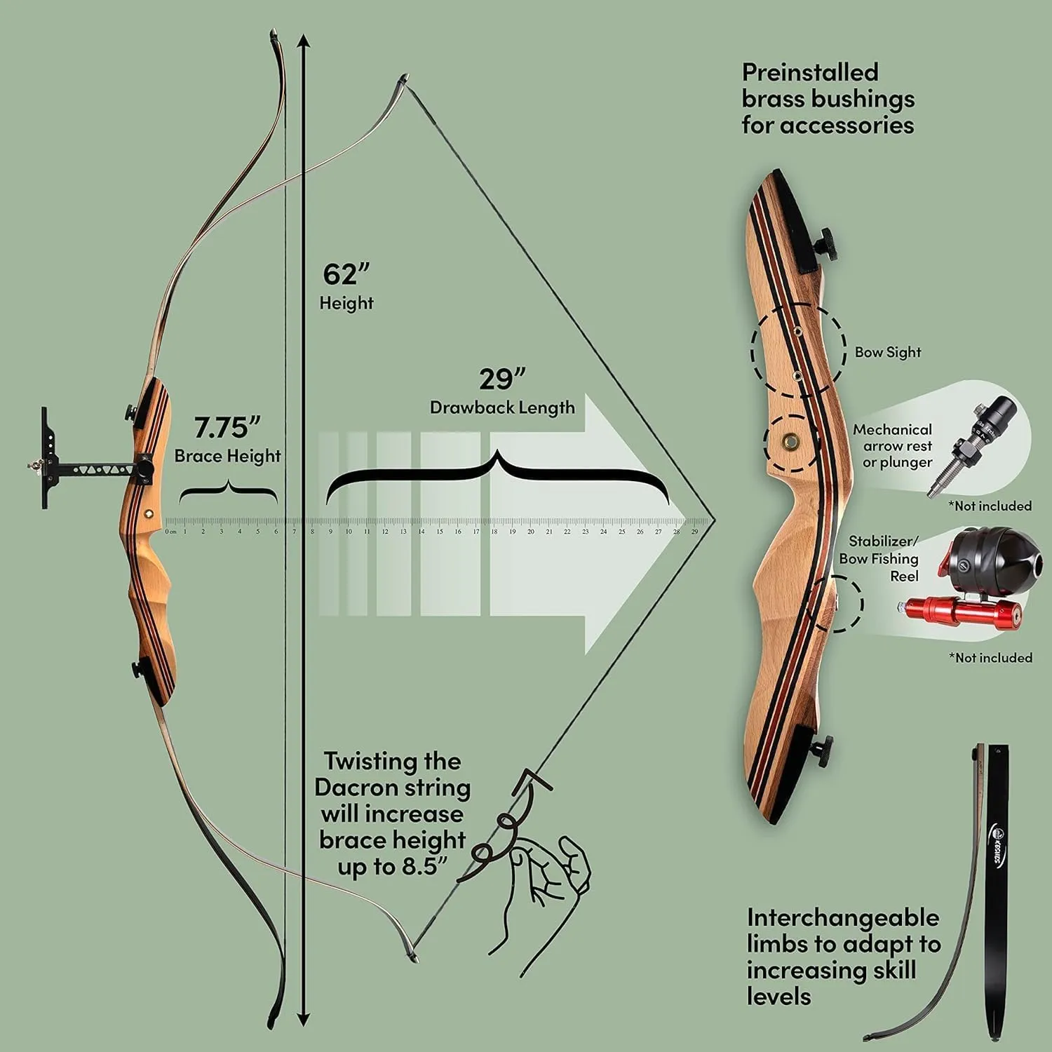 KESHES Takedown Recurve Bow and Arrow Set for Adults & Teens 62" - 15-60lb Draw Weight, Right & Left Handed Bows - Archery Set with Bowstring, Arrow Rest, Stringer Tool, and Bow Sight